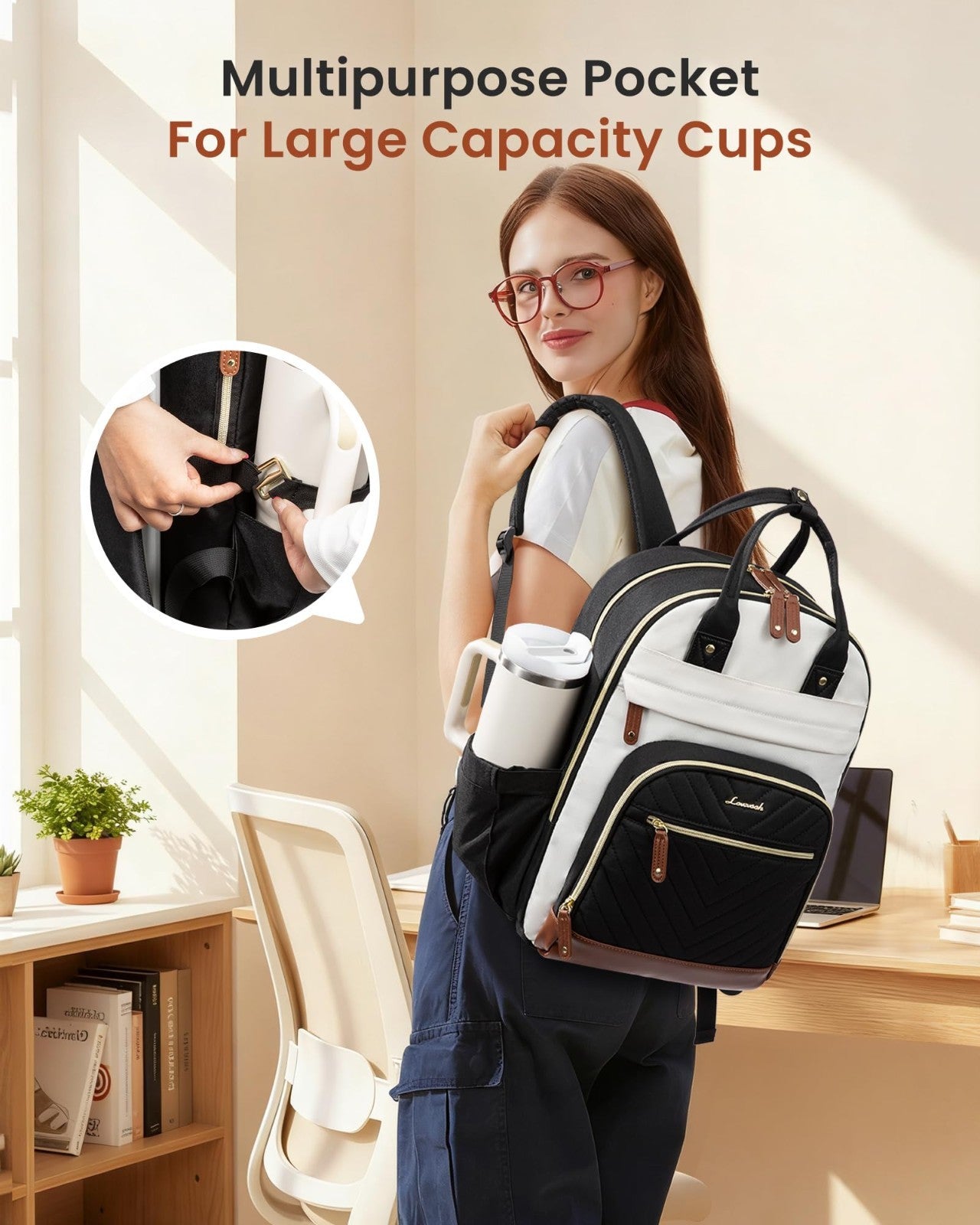 Stylish Waterproof Laptop Backpack with Tumbler Holder, 18" Work & Travel Bag, C2
