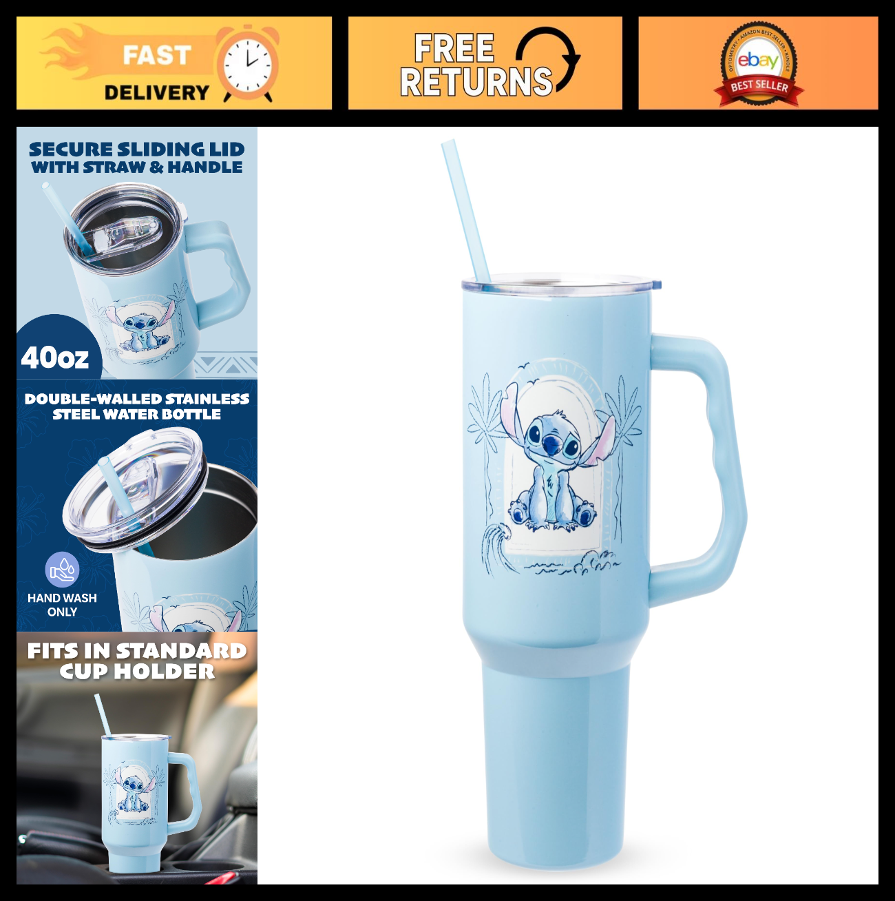 40oz Double Walled Stainless Steel Tumbler with Handle & Straw   Lilo & Stitch D0