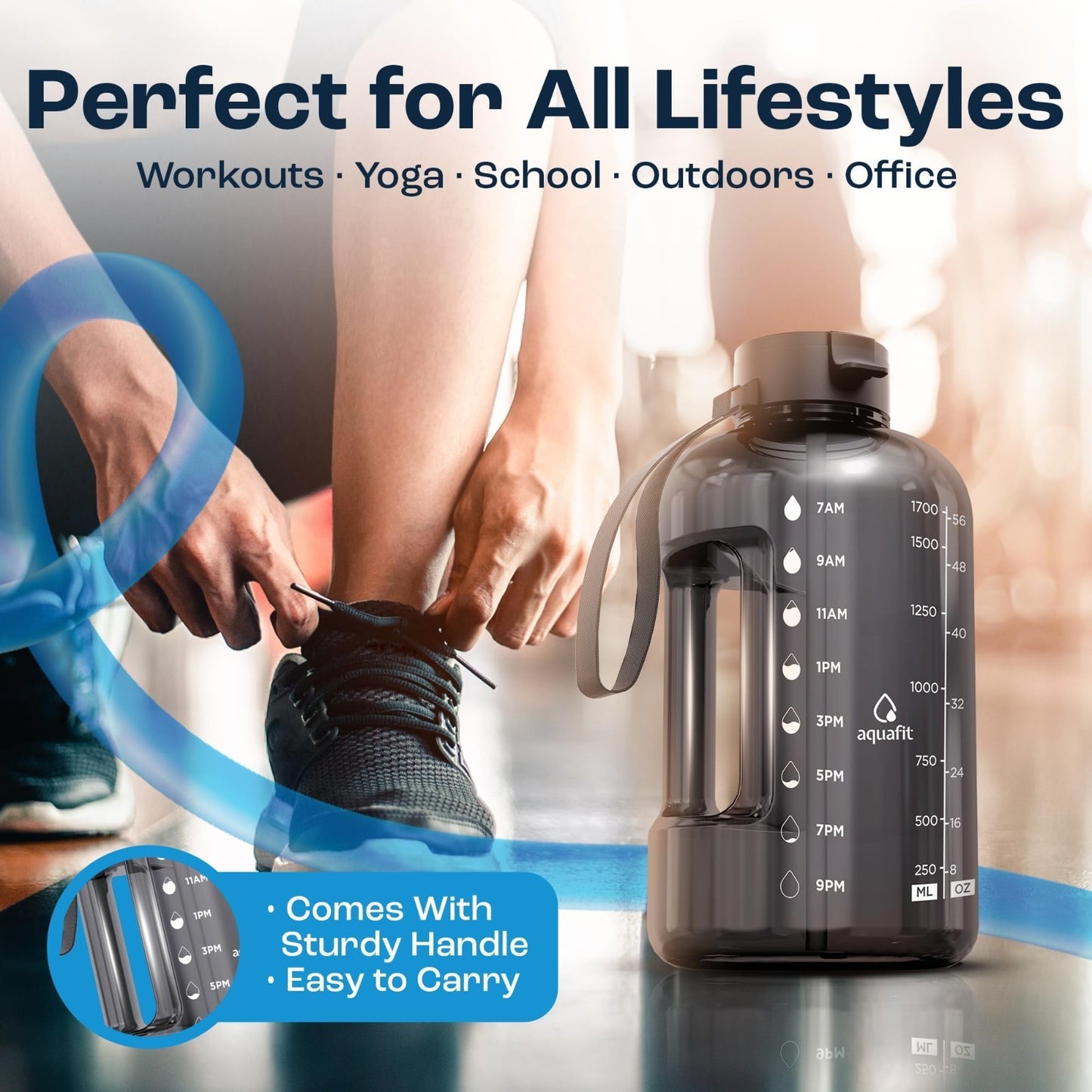 64 oz Water Bottle with Time Marker - BPA Free Gym Jug with Straw & Handle5