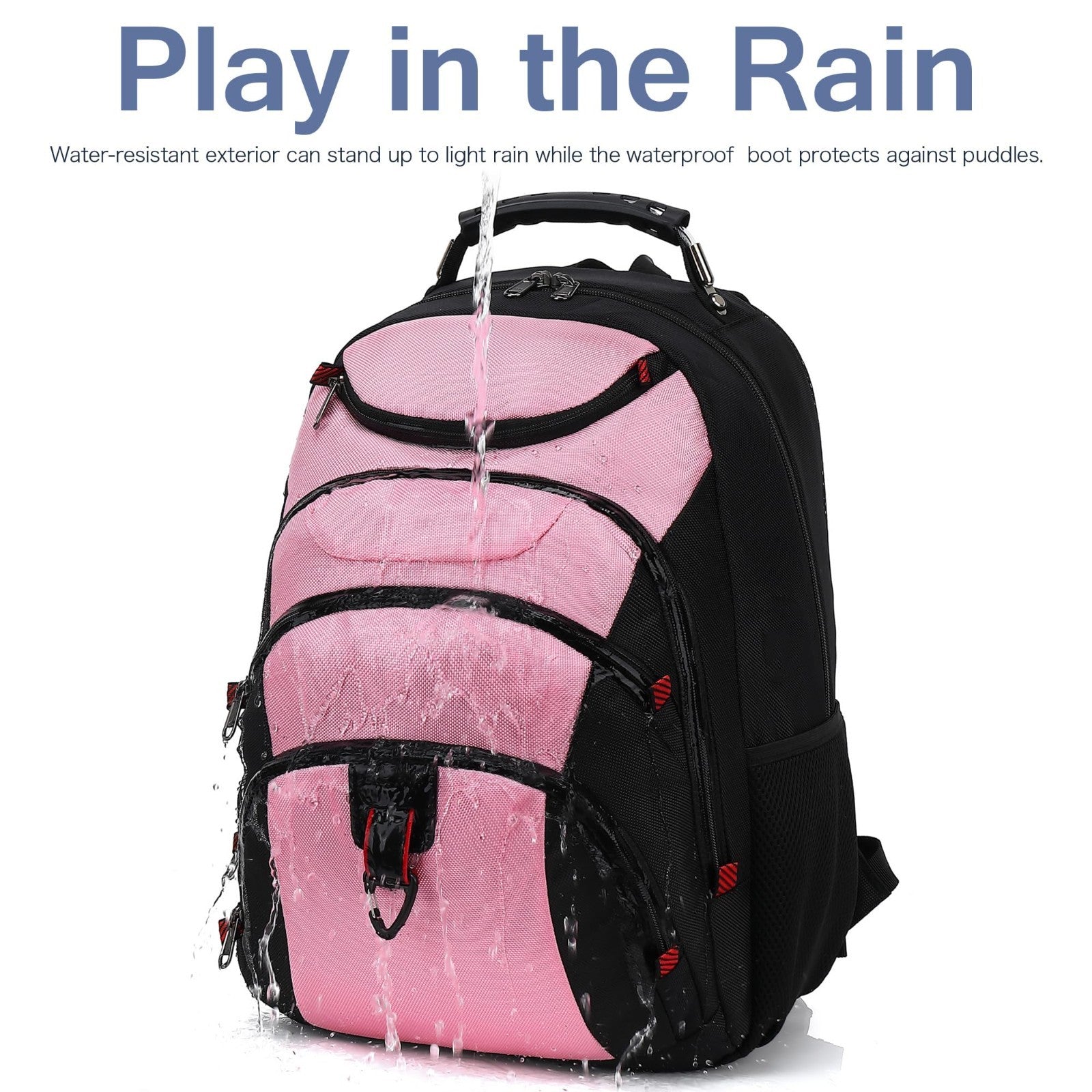 Waterproof 15.6" Laptop Backpack with USB Port, Anti Theft Travel Bag, Pink/Blac3