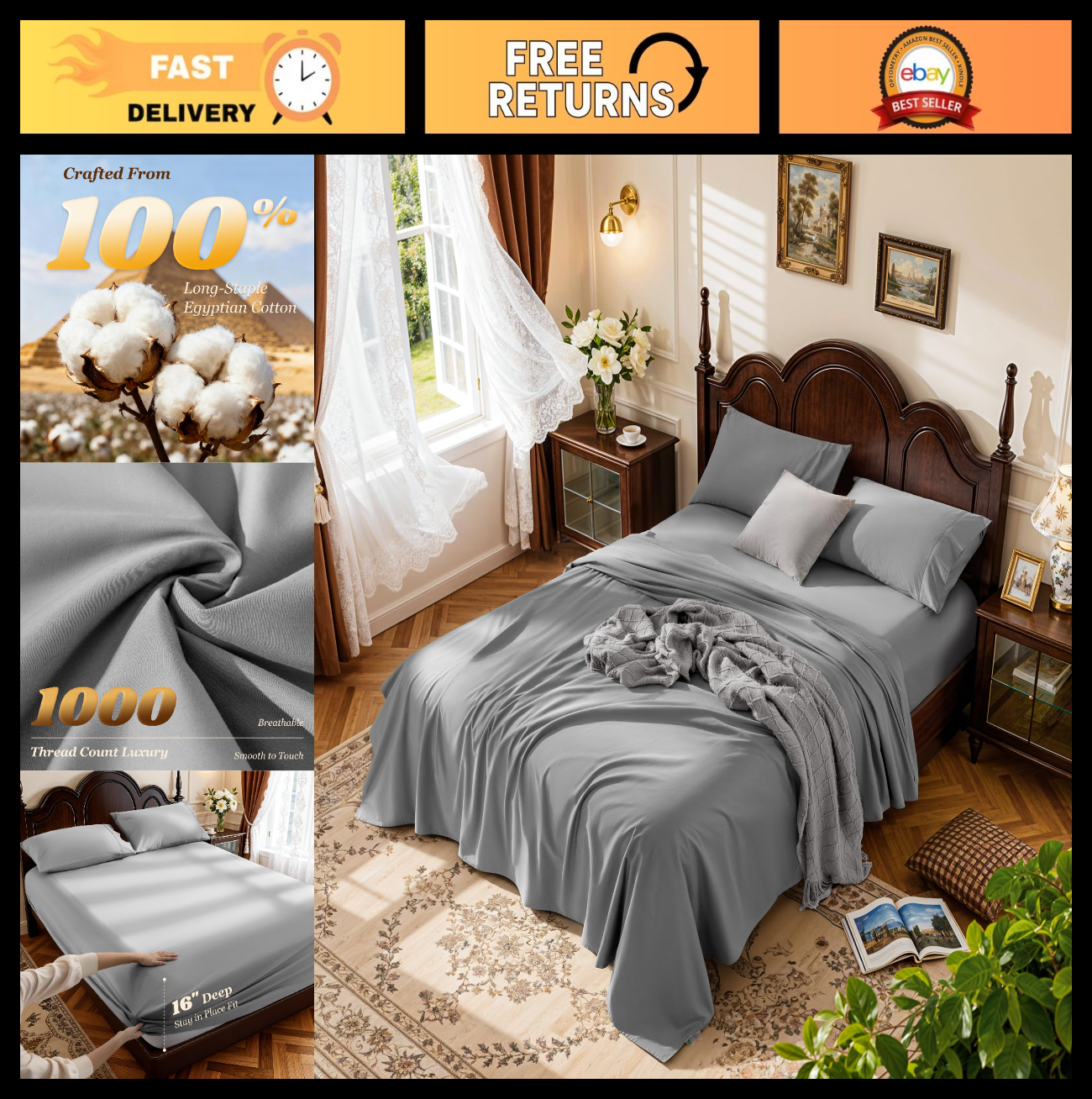 1000 Thread Count Egyptian Cotton King Size Sheet Set   4 Piece, Deep Pocket, So0