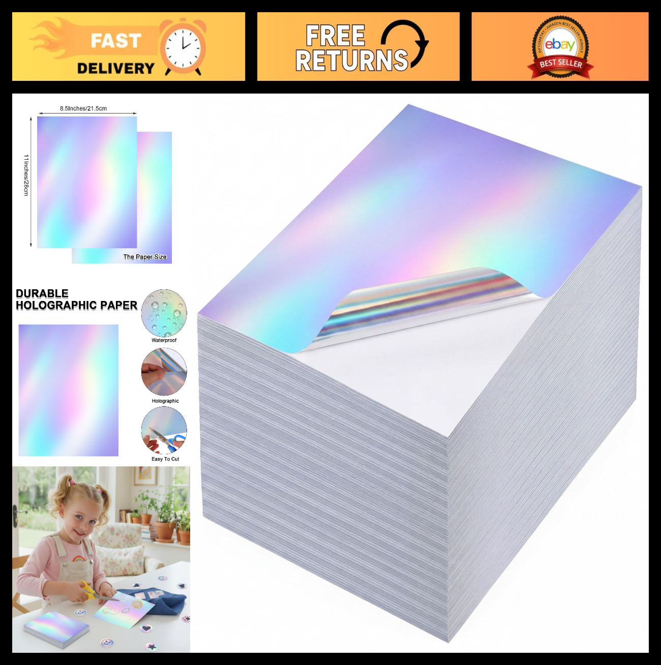 200 Sheets Holographic Printable Vinyl Sticker Paper 8.5x11" Self-Adhesive Gloss0