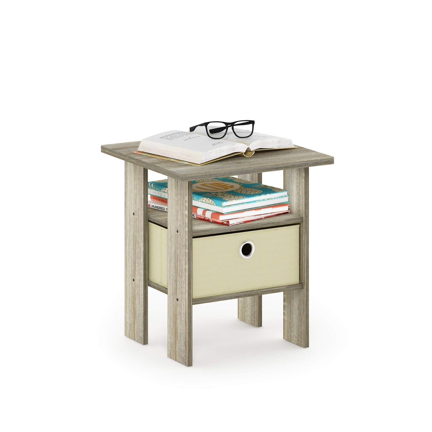 Modern Side Table with Open Shelves & Storage Bin - Nightstand for Living Room/B3