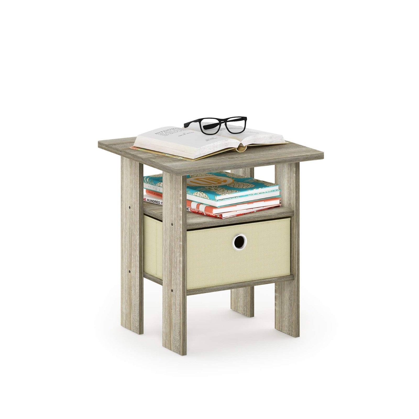 Modern Side Table with Open Shelves & Storage Bin - Nightstand for Living Room/B3