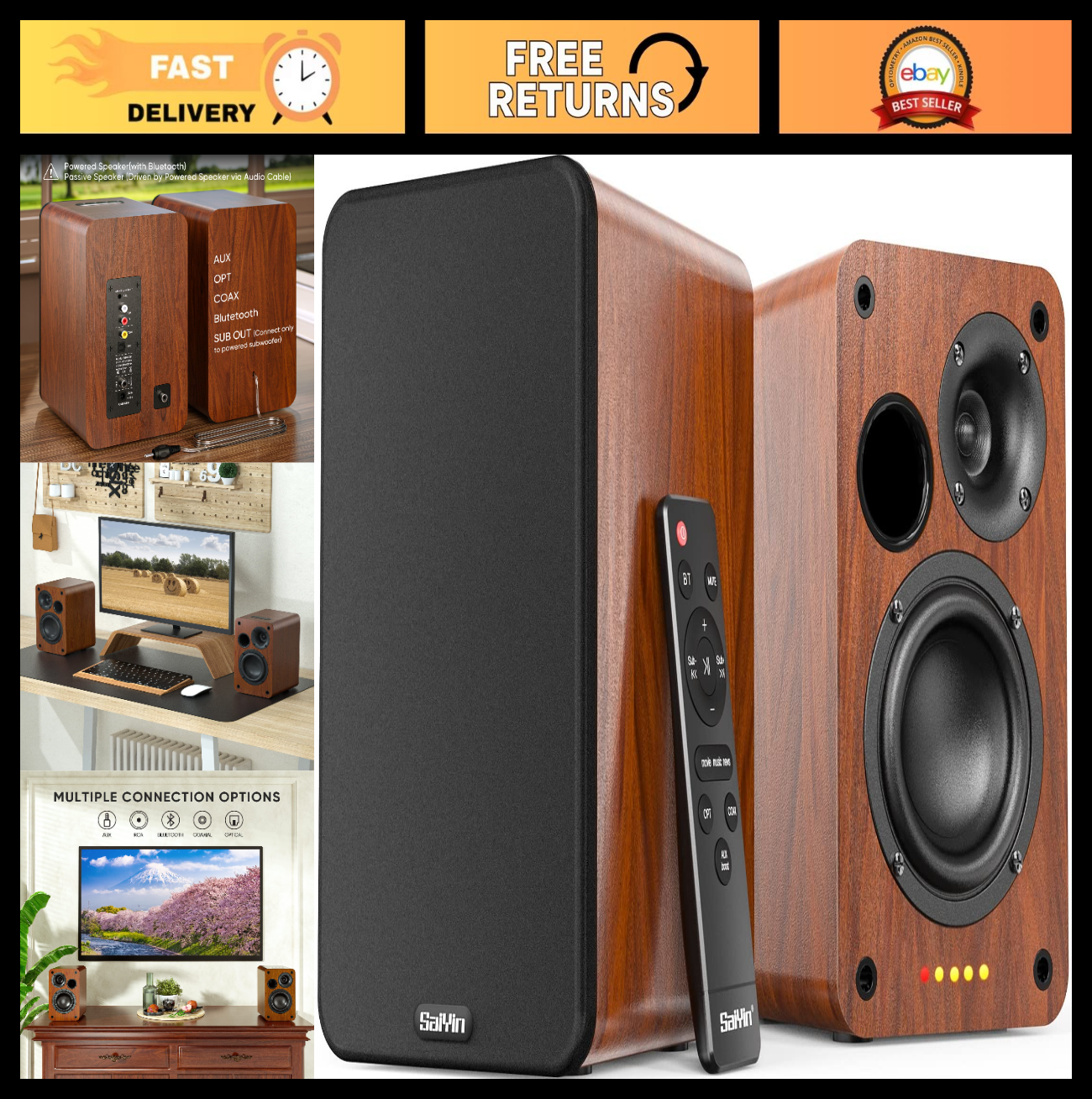 30W Bluetooth Bookshelf Speakers, 3.75" Woofer, Optical/Aux/Aux Inputs, TV/PC0