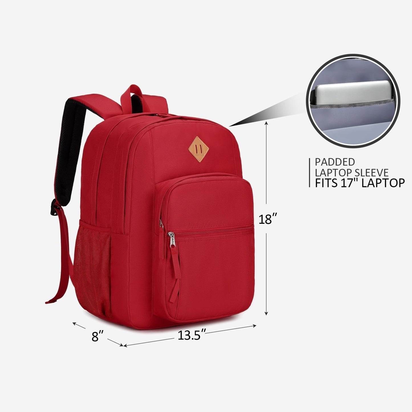 Water Resistant Large Solid Color Backpack for College, School, Travel   Red4