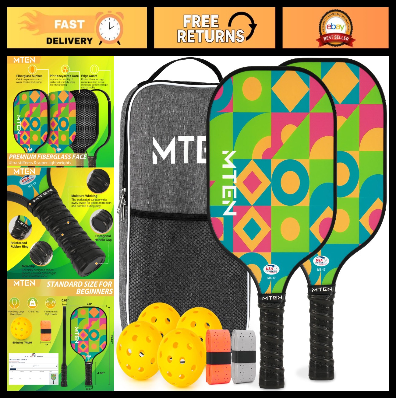 Pickleball Paddle Set of 2/4/1 - USAPA Approved Fiberglass Rackets, Lightweight0