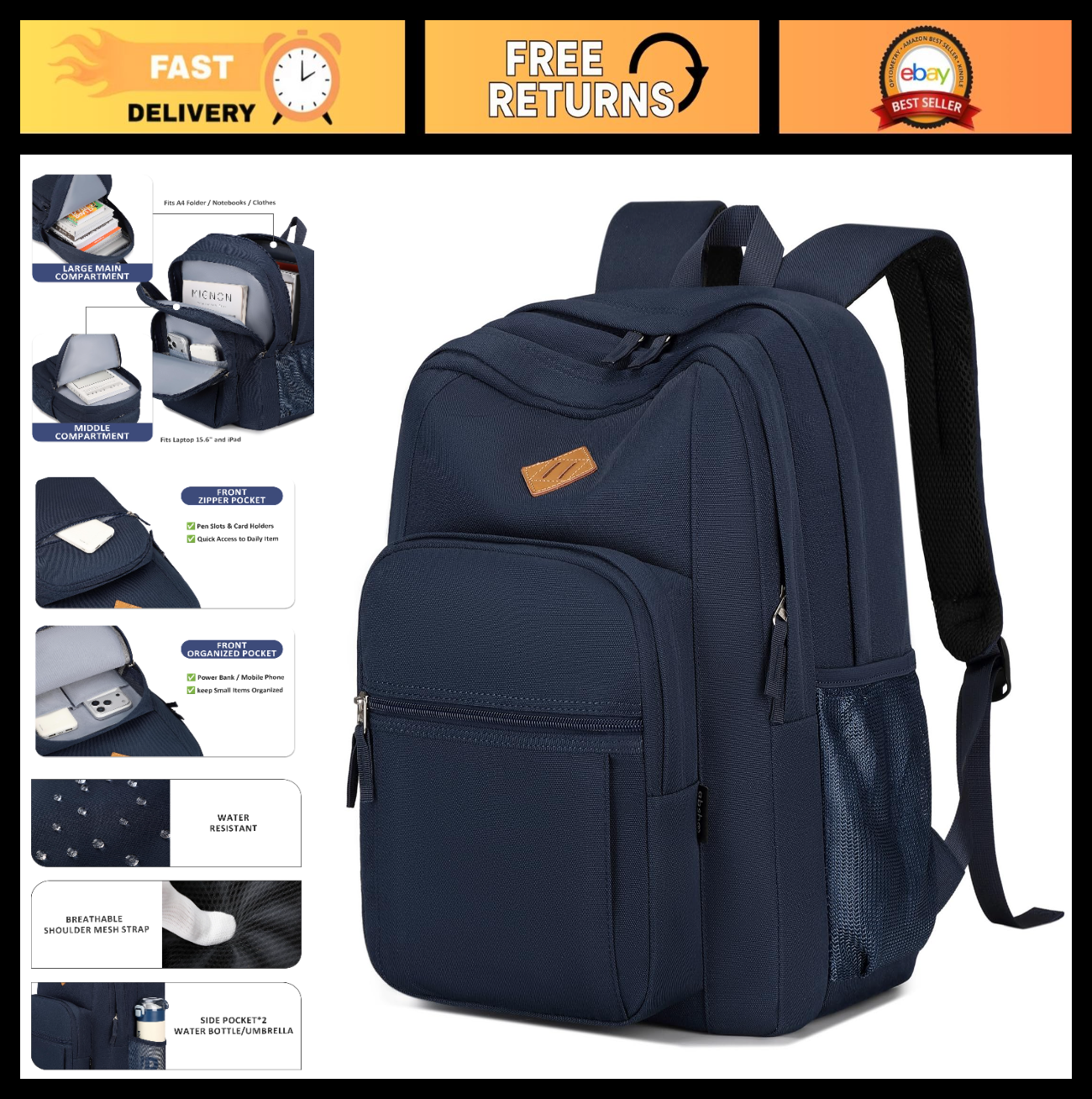 Water Resistant Women's Travel Backpack, College Bookbag for Men & Women, Navy0