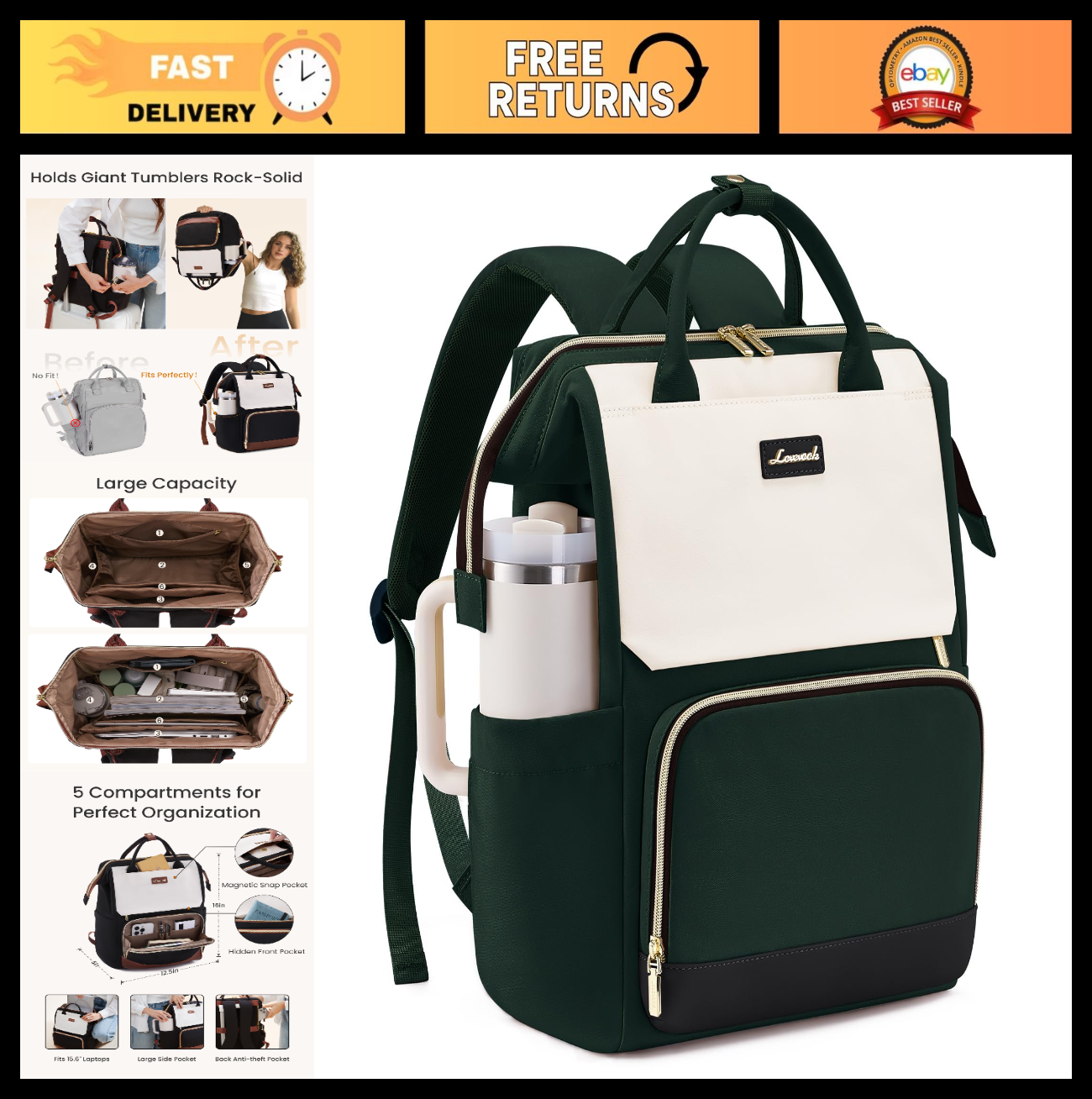 Stylish Laptop Backpack for Women   Giant Tumbler Holder, Travel, Work, Nurse, T0