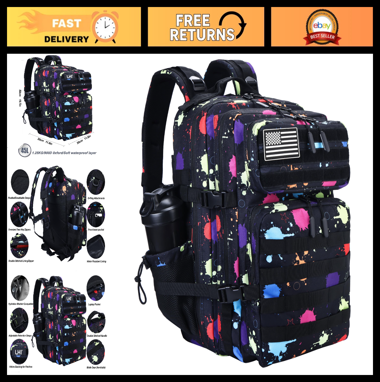 Tactical 45L Military Backpack for Men & Women   3 Day Assault Rucksack, Molle S0