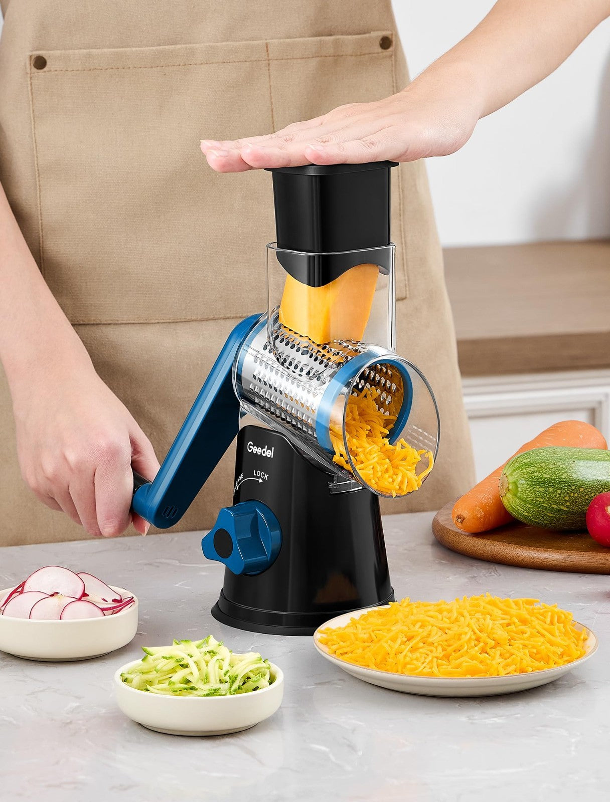 Rotary Cheese Grater & Vegetable Slicer   3 Blades, Easy Clean, Suction Base, BP2