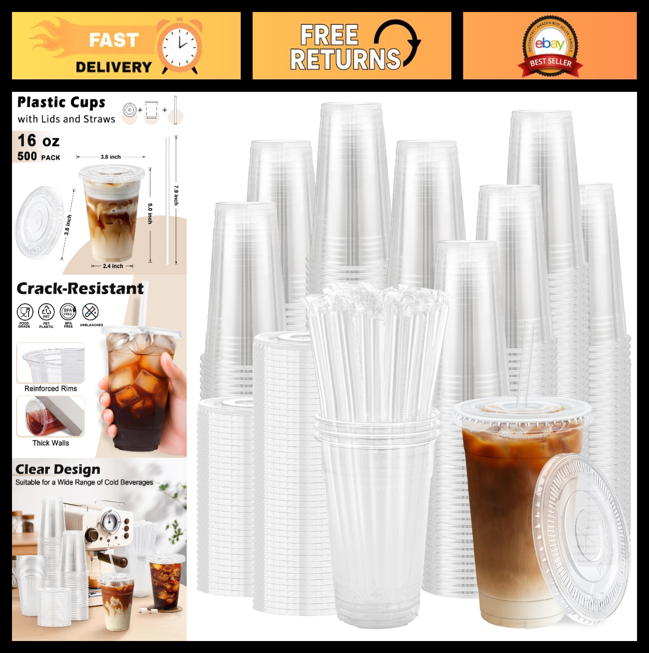 500 Pack 16 oz Clear Plastic Cups with Lids & Straws | Disposable Cold Drink Cup0