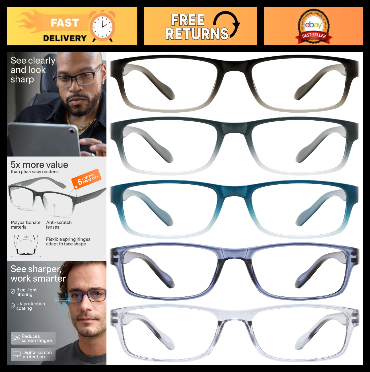 2.5x Professional Reading Glasses - Blue Light Blocking Computer Readers - Value0