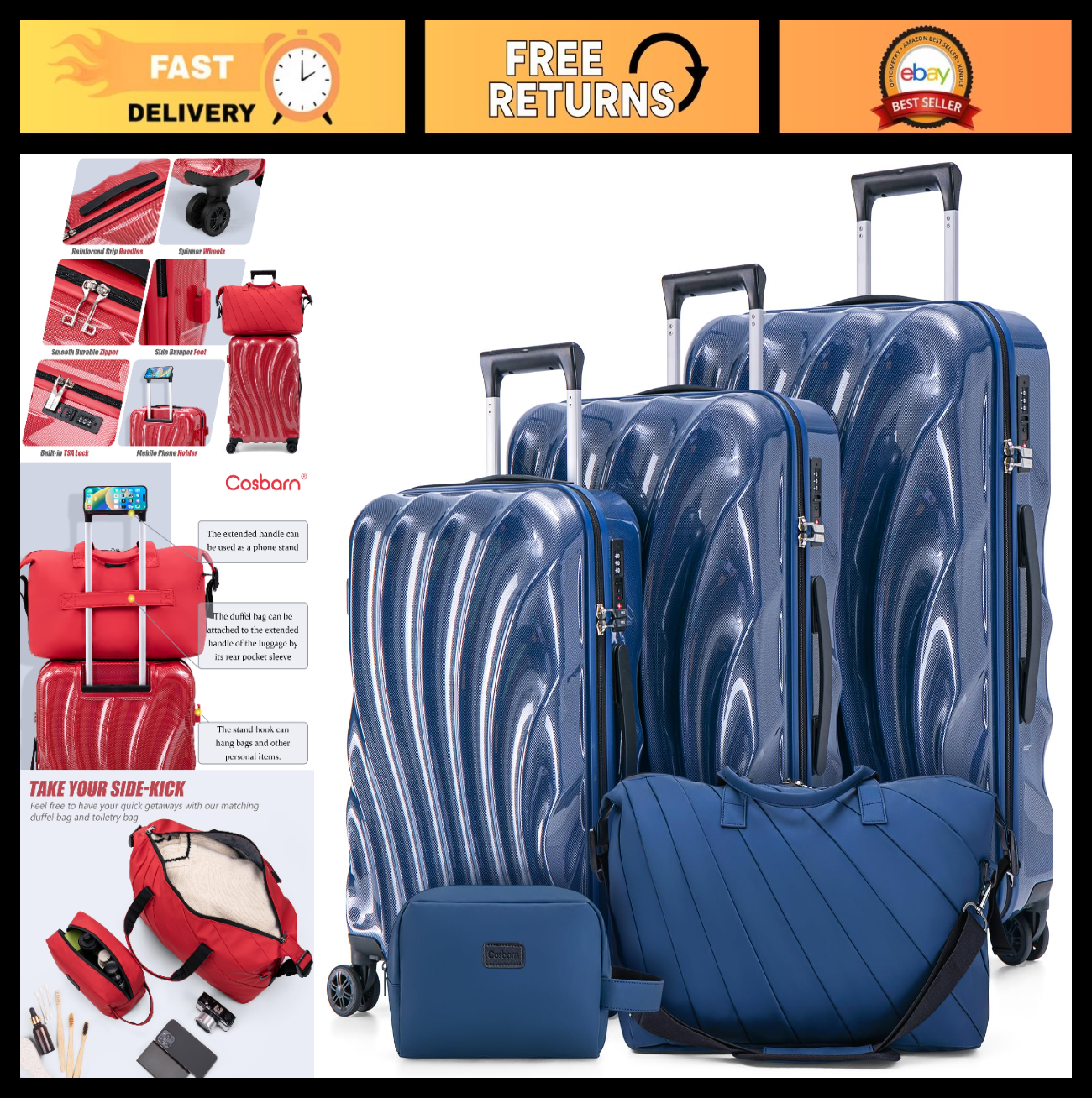 5-Piece Hardshell Luggage Set with Wheels, TSA Lock, Phone Holder, Durable Trave0