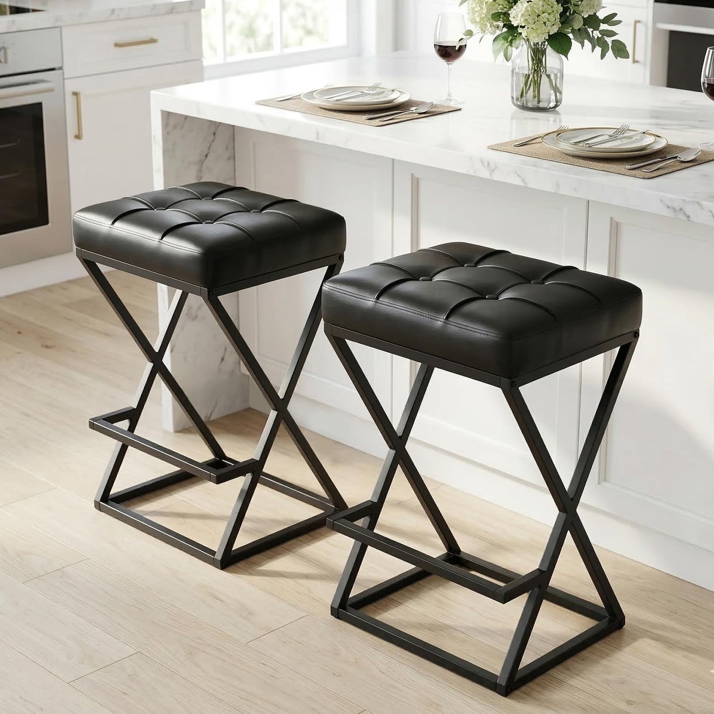 Set of 2 Backless 26" Counter Height Bar Stools, Faux Leather, Modern X-Frame Me1