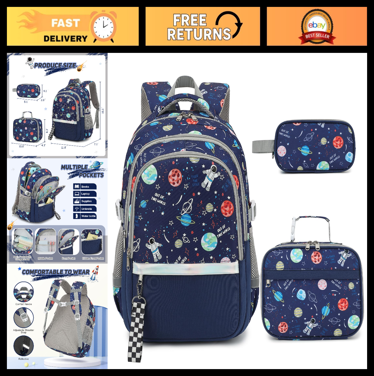 Luminous Boys Backpack Set   3PCS with Lunch Box & Pencil Case, School Gear0