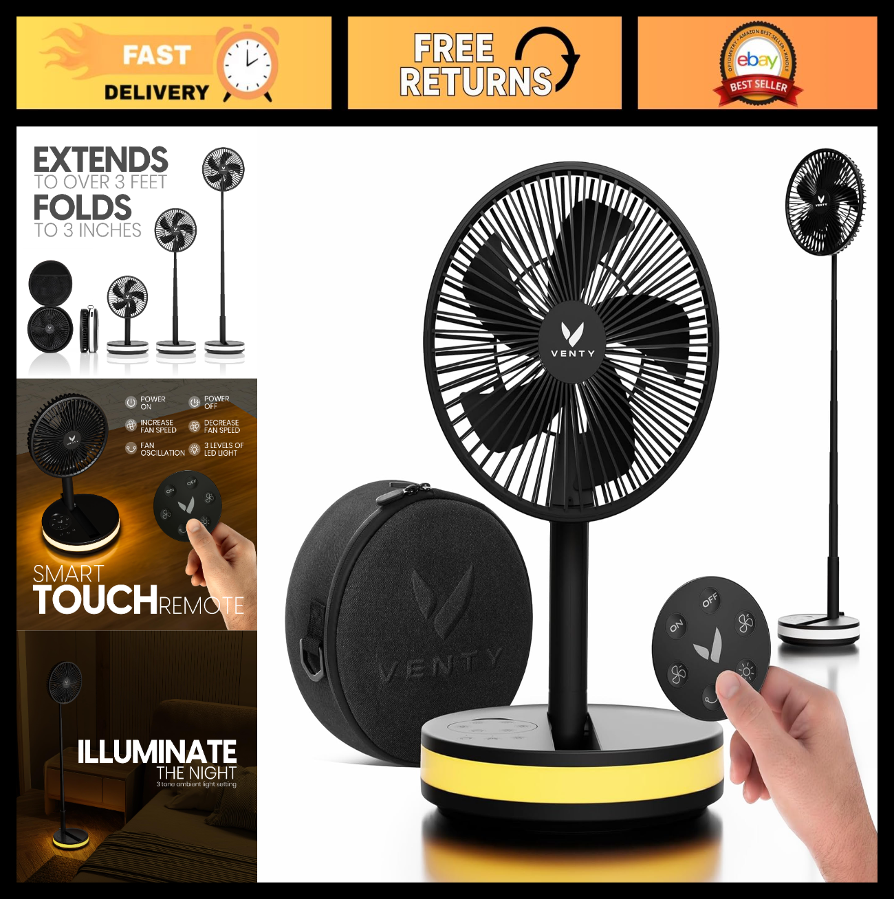 Portable Wireless Battery Operated Fan   4 Speeds, LED Light, Remote & Carry Cas0