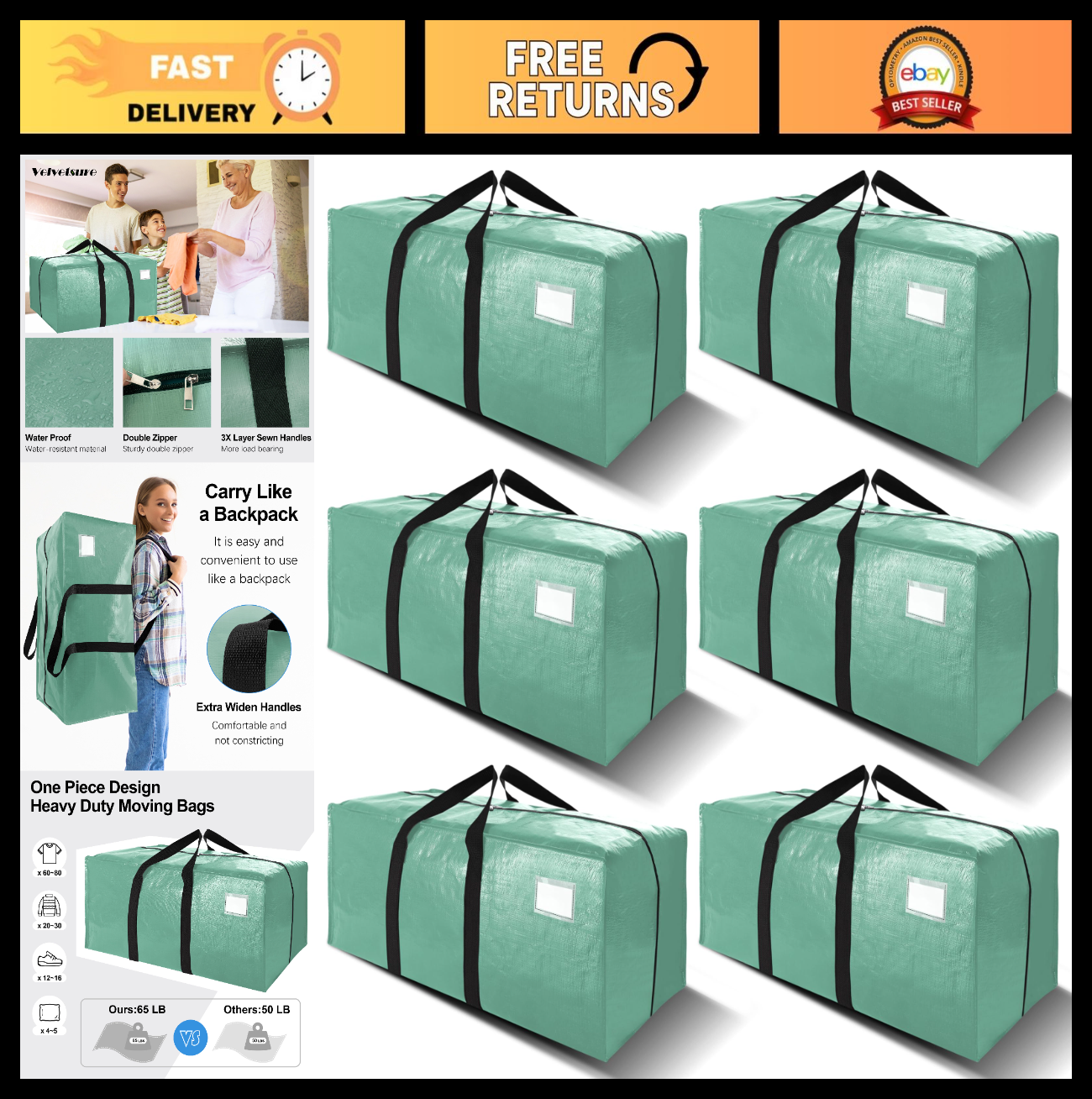 6 Pack Heavy Duty Large Moving Bags with Backpack Straps - Strong Zippered Stora0