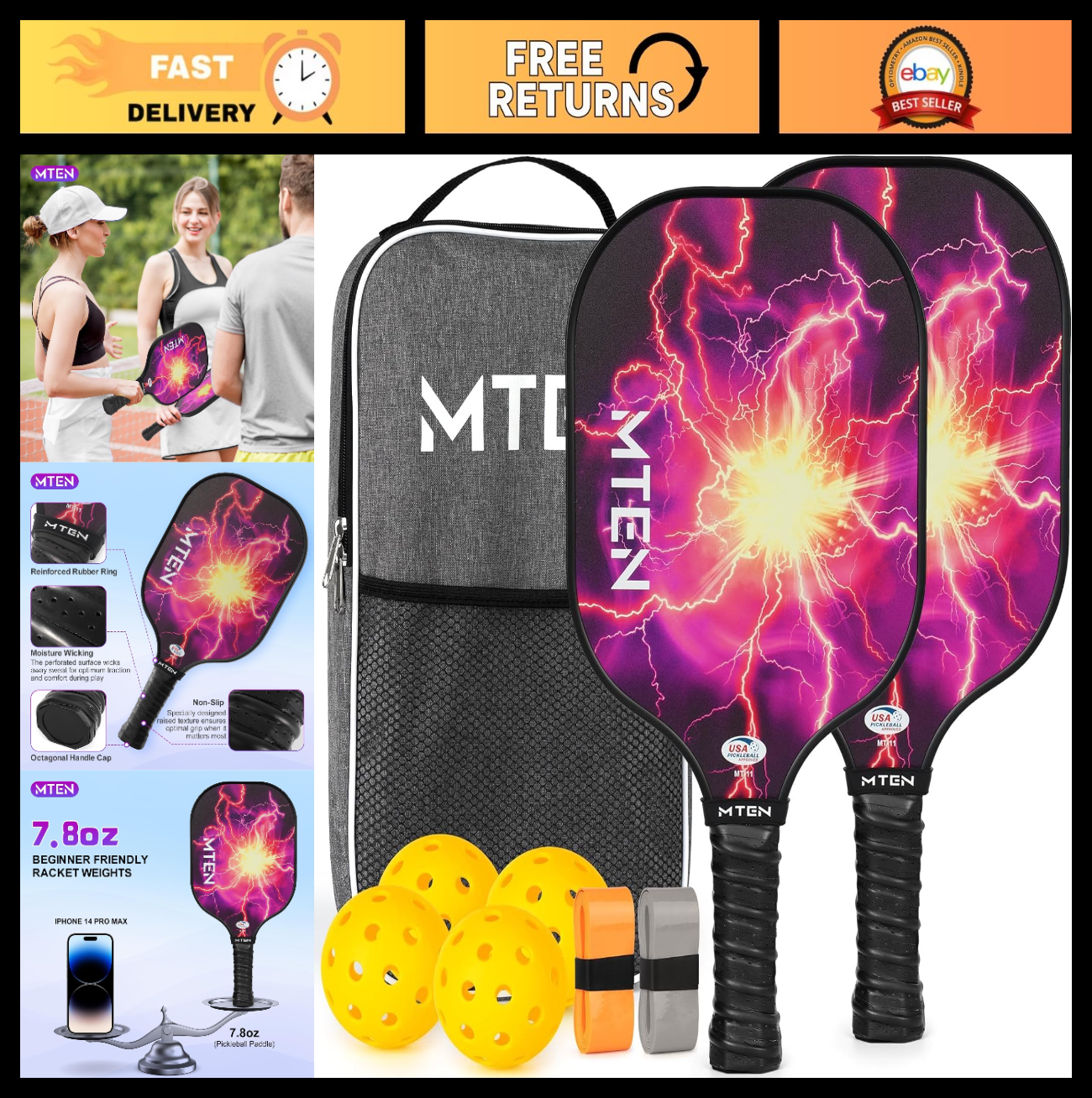Pickleball Paddle Set of 2/4/1 - USAPA Approved Fiberglass Rackets, Lightweight0