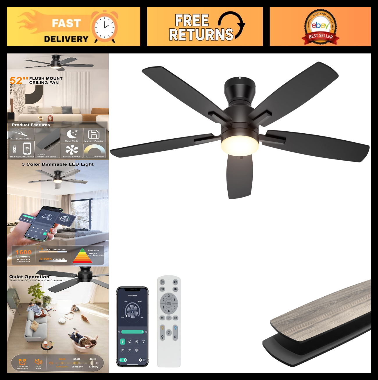 52" Low Profile Ceiling Fan with Lights, Remote/APP Control, Dimmable LED, Quiet0