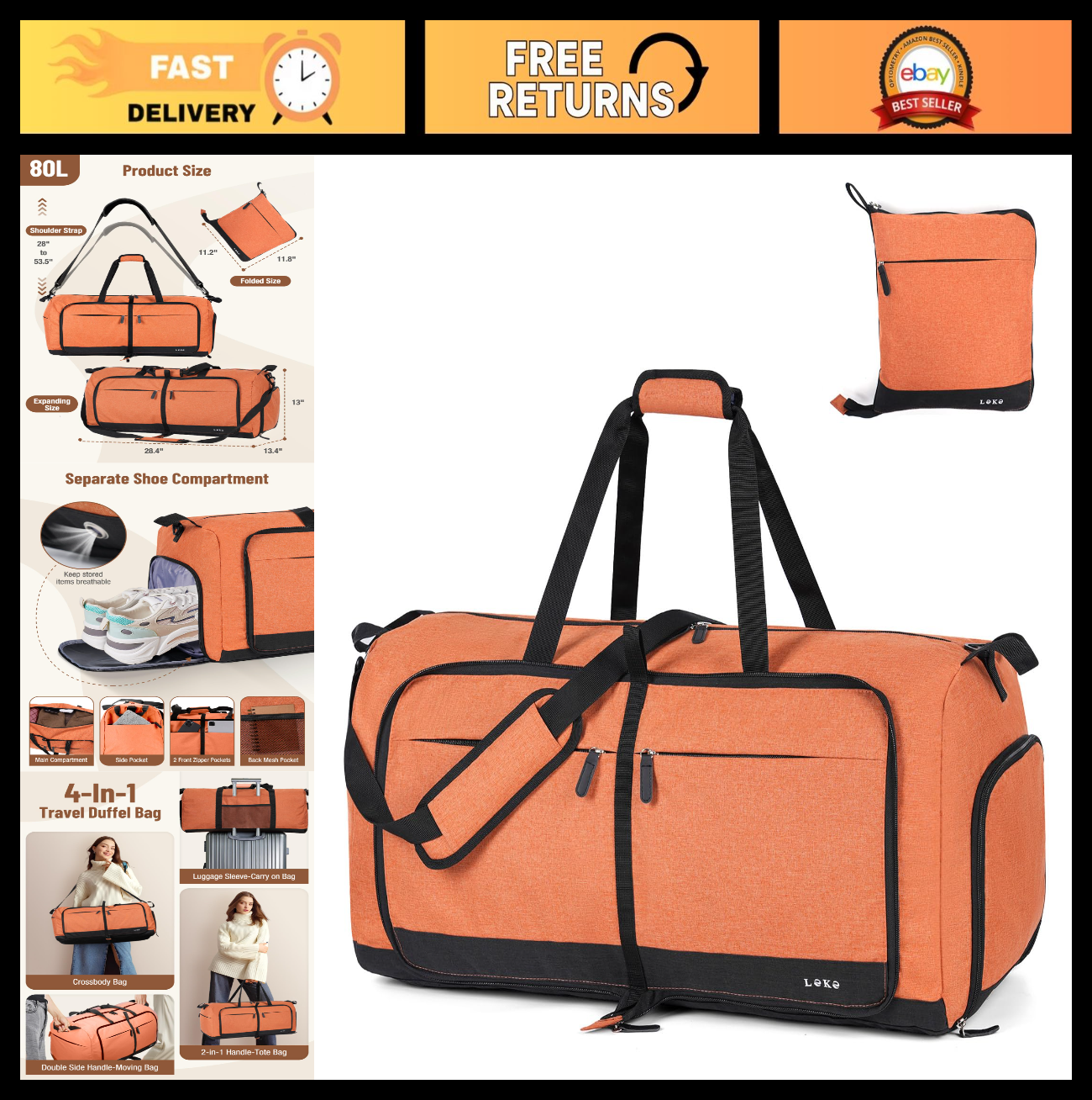 Large 80L Foldable Travel Duffel Bag with Shoe Compartment & Straps, Weekend Car0