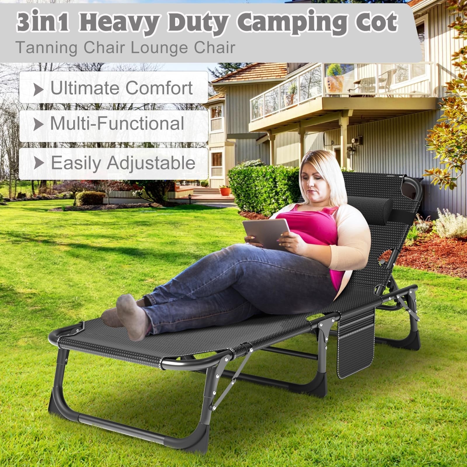 Extra Wide 28" Folding Camping Cot for Adults   Heavy Duty, 440 lbs Capacity, Qu3