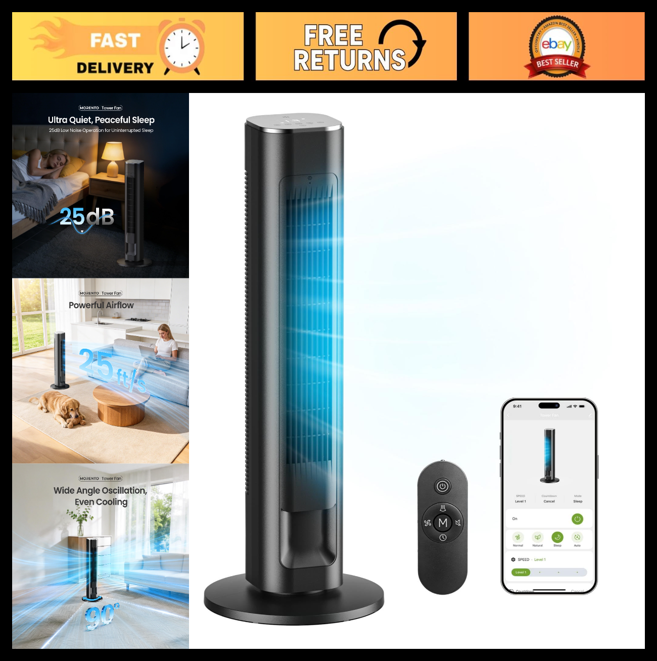 WiFi Smart Tower Fan 36"   Quiet 25dB, 4 Modes & Speeds, Remote, Oscillating, Ti0