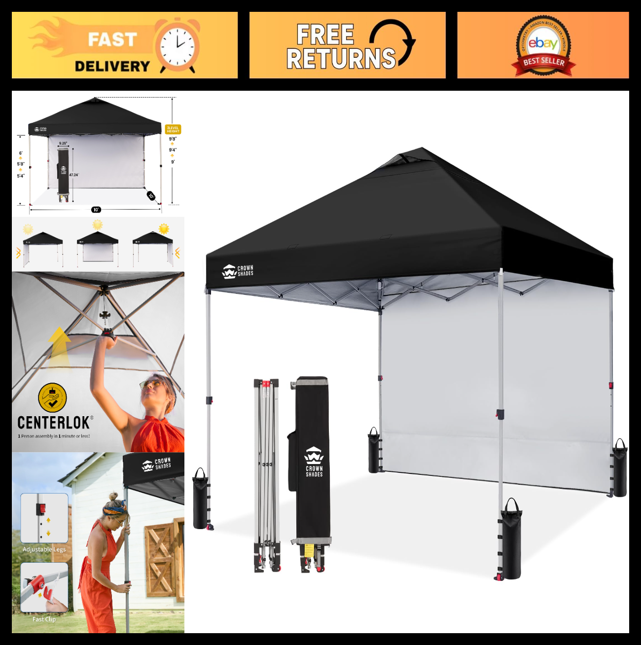 10x10 Pop Up Canopy Tent with Side Wall, Easy Setup Outdoor Shelter, Beach Gazeb0