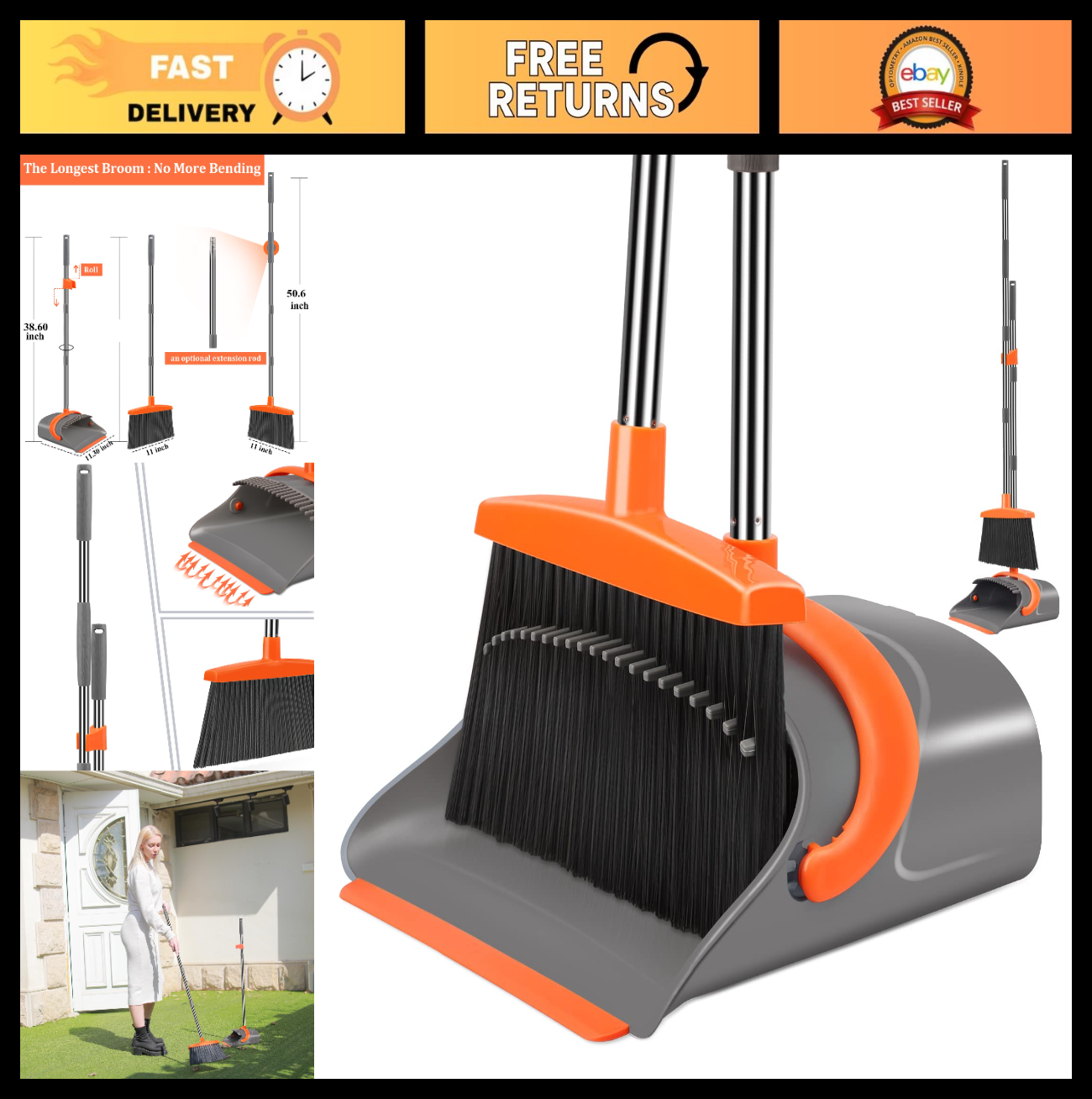 Broom and Dustpan Set for Home & Office, Long Handle Combo, Indoor/Outdoor Use0