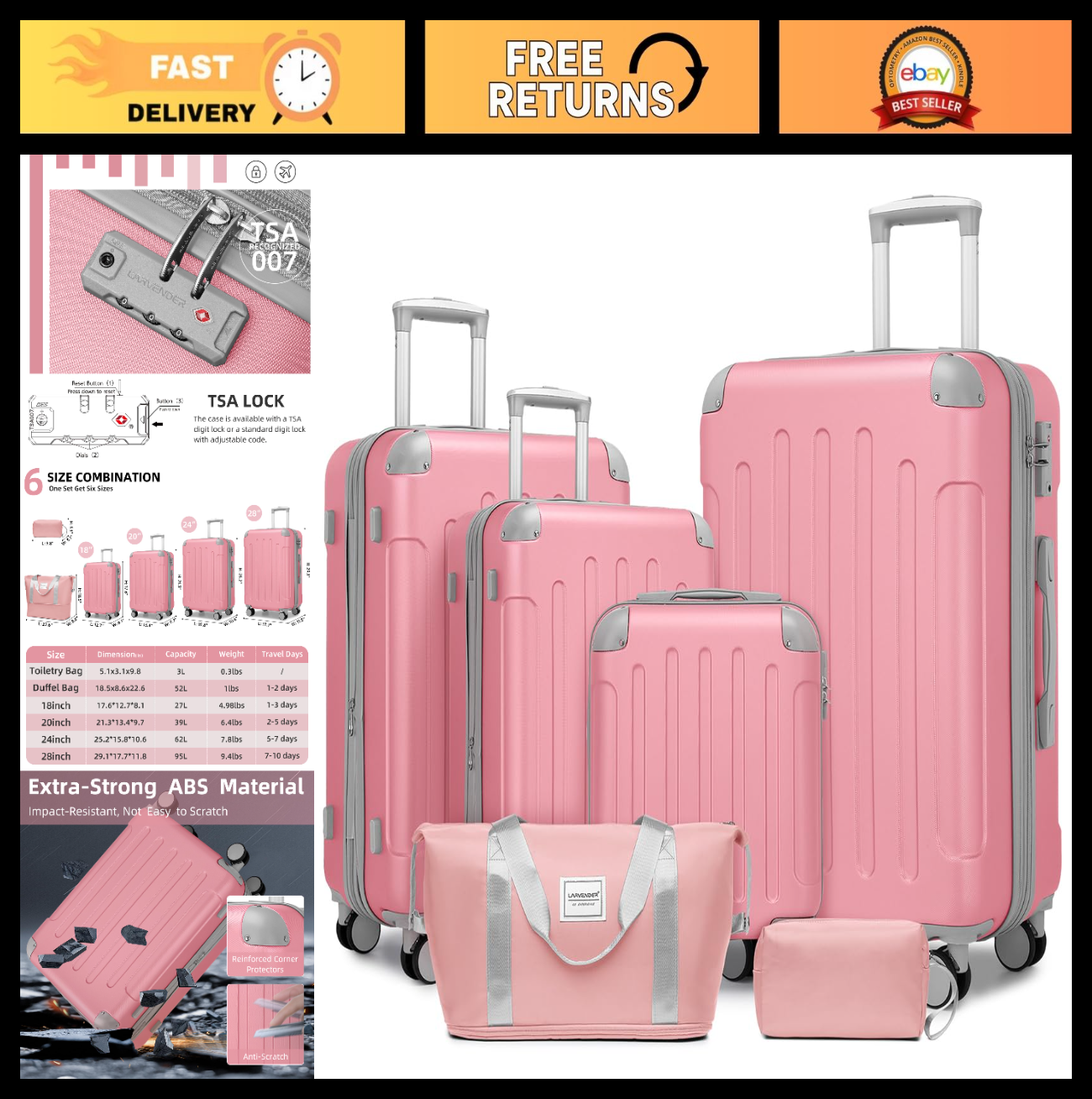 6-Piece Hardshell Luggage Set - Expandable Suitcases with Spinner Wheels, TSA Lo0