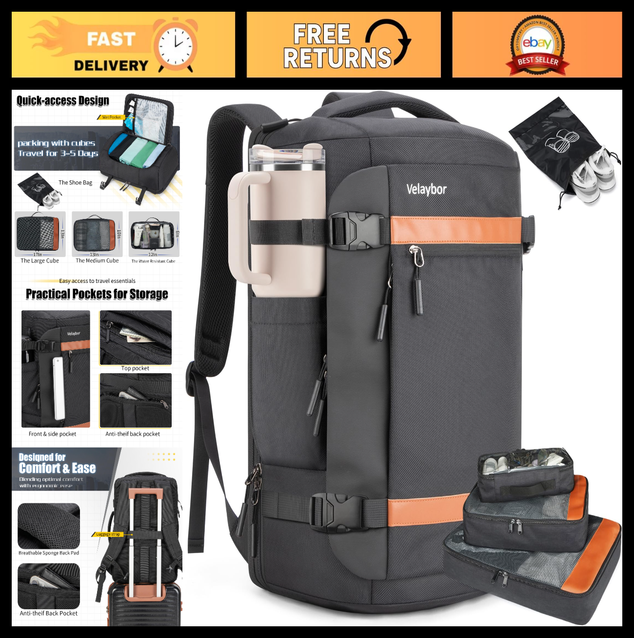 42L Travel Backpack with 4 Packing Cubes, TSA Approved, Water-Resistant Carry-On0