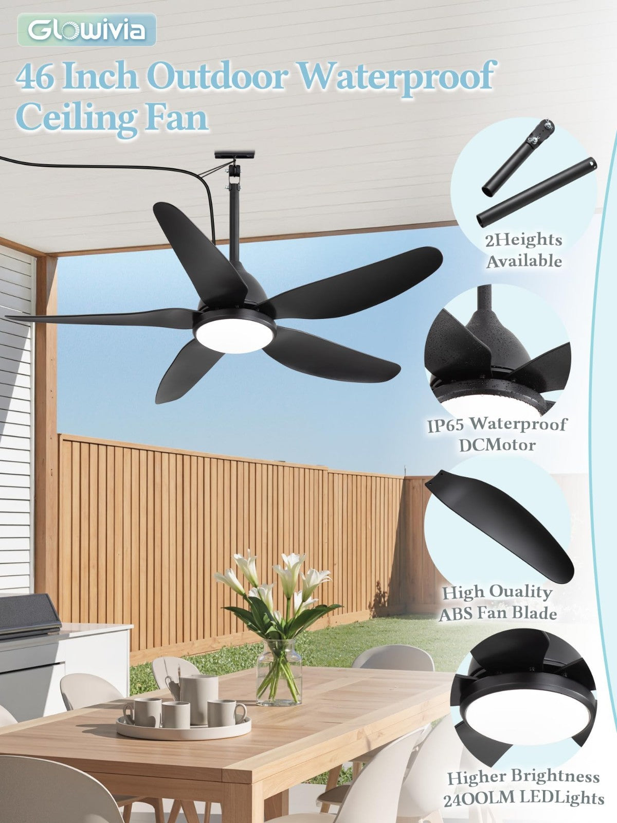 46" Waterproof Outdoor Ceiling Fan with Lights, Remote Control, 6 Speeds, Dimmab3