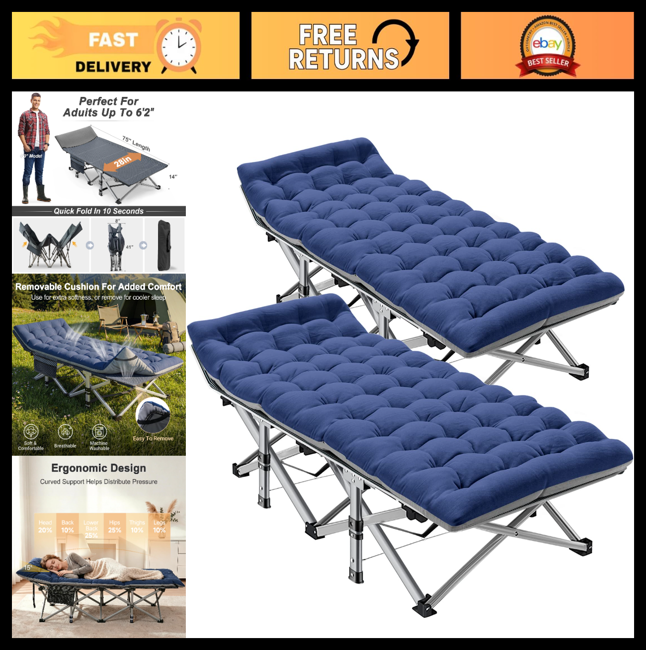 Folding Camping Cot for Adults   28" Wide Heavy Duty Bed, 800 lbs Capacity, 2 Pa0