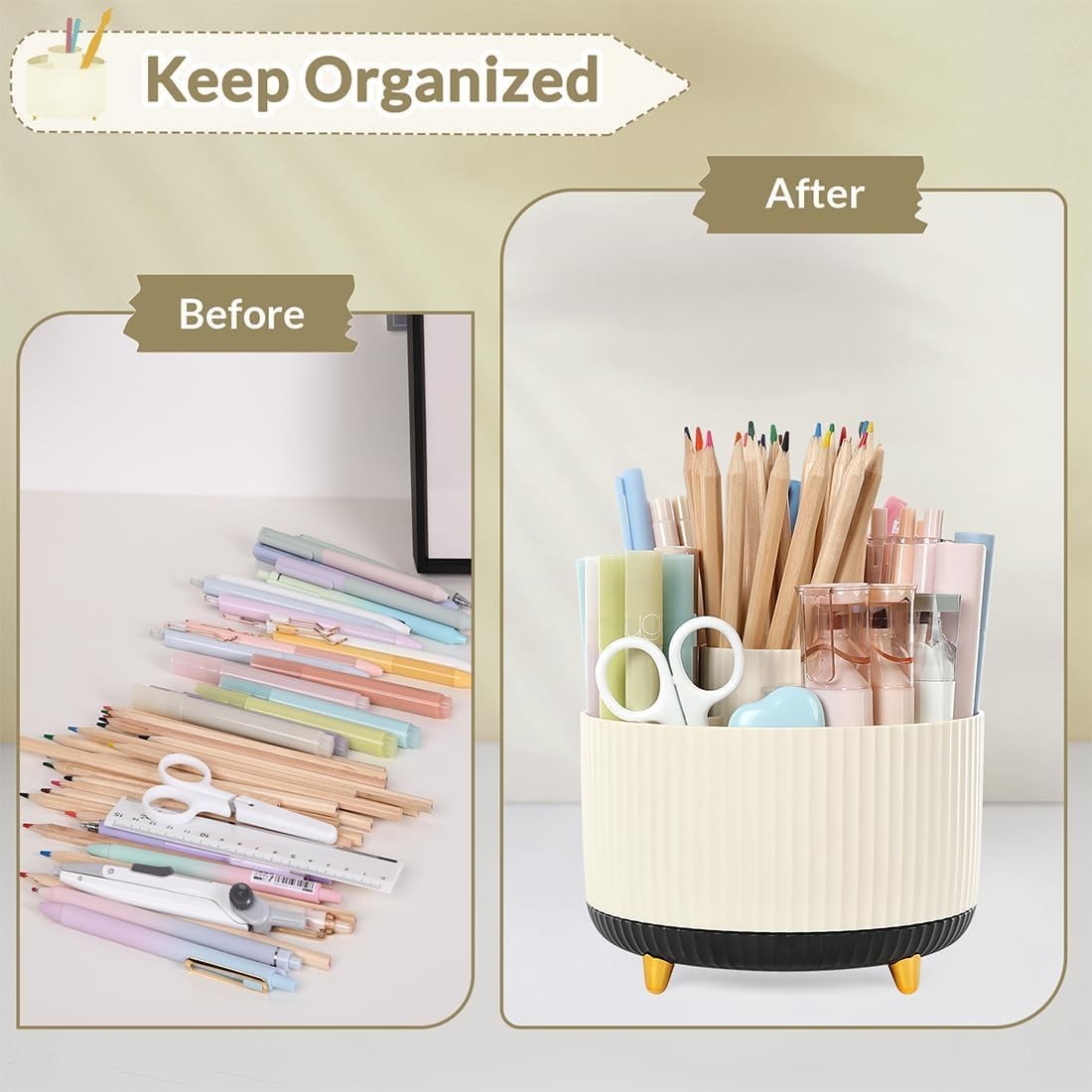 360° Rotating Organizer   Dual Purpose Pencil Pen Holder, 5 Slot Cup for Office,4