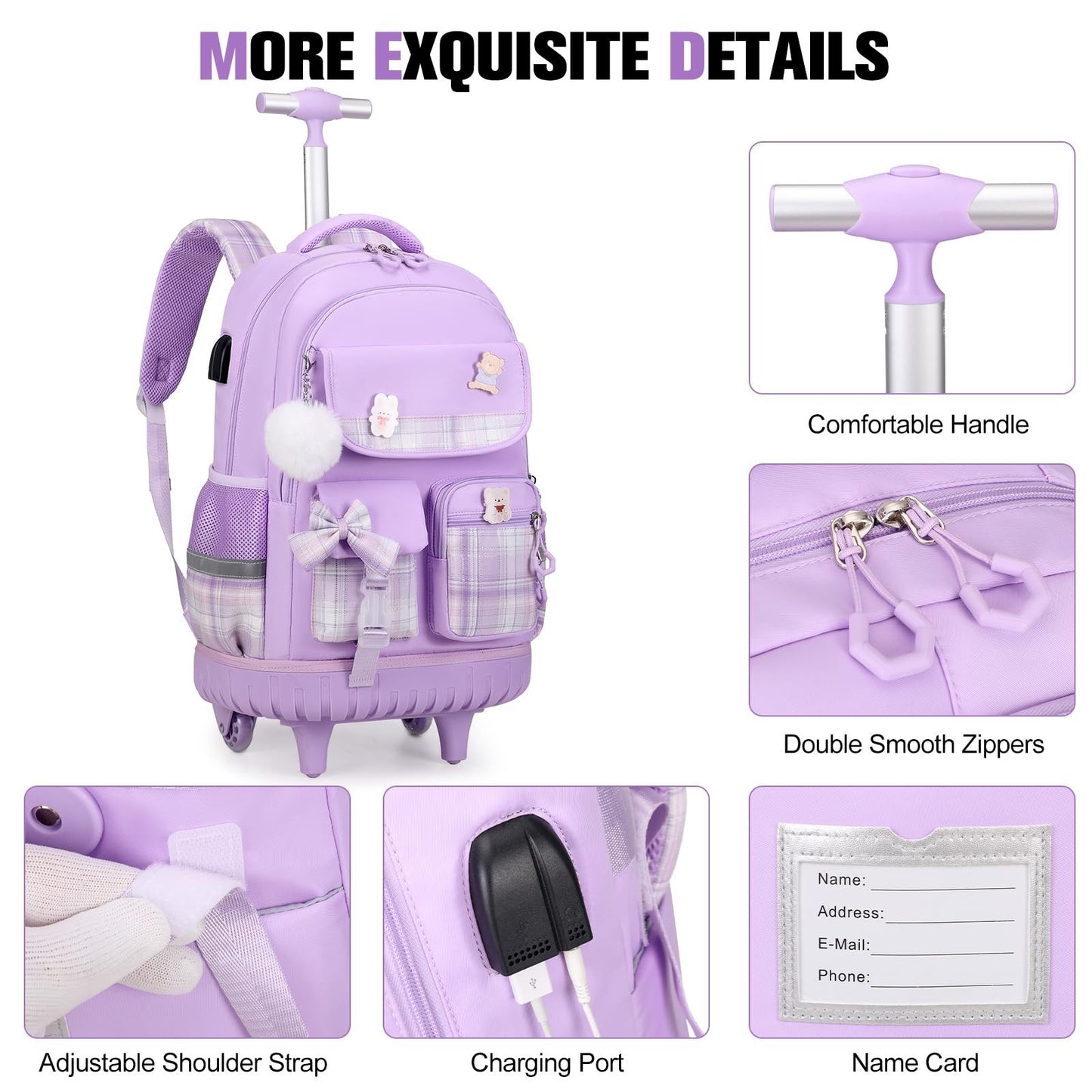 Rolling Backpack for Girls   Wheeled School Bag with Lunch Bag & Pencil Pouch, P6