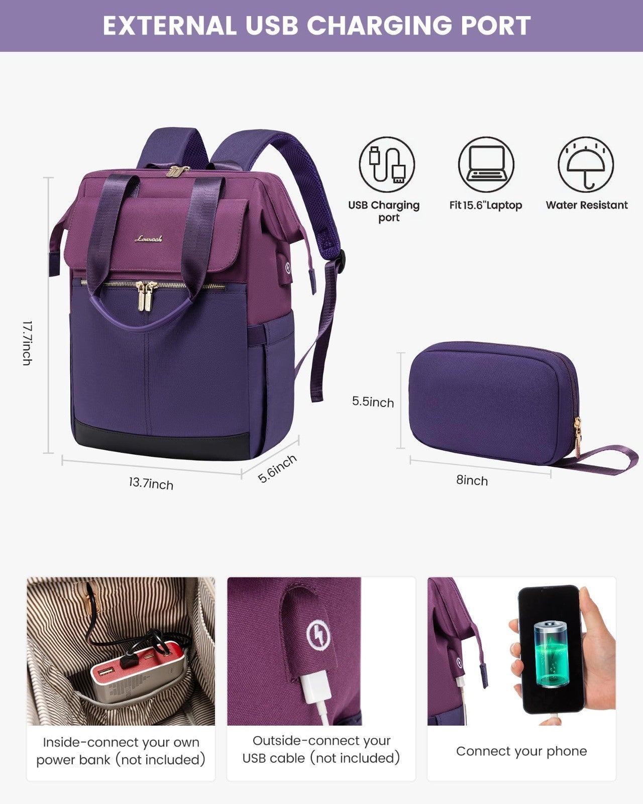 Stylish 17.7" Laptop Backpack for Women, USB Port, Waterproof Travel Bag, Blue P2