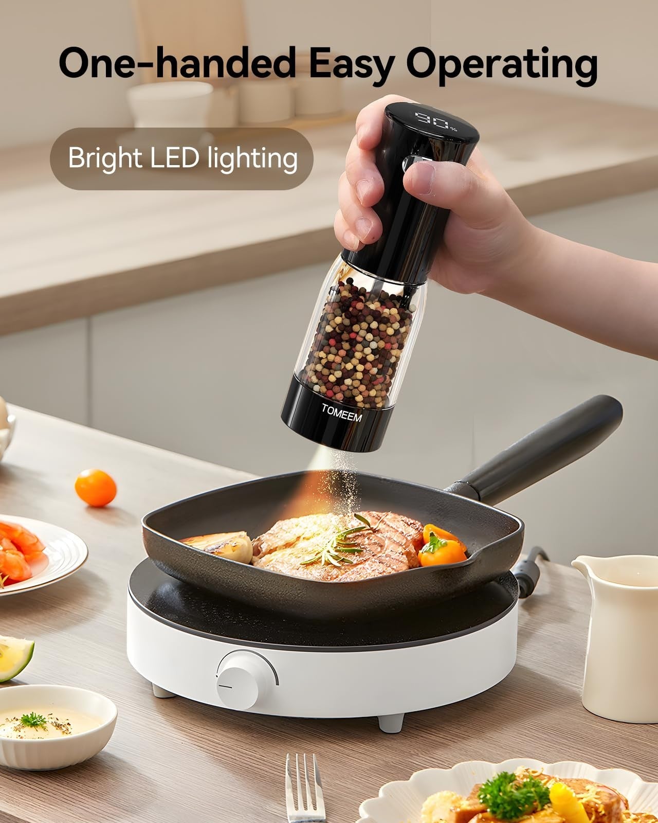 Rechargeable Electric Salt & Pepper Grinder Set with LED Light, 5-Level Adjustab4