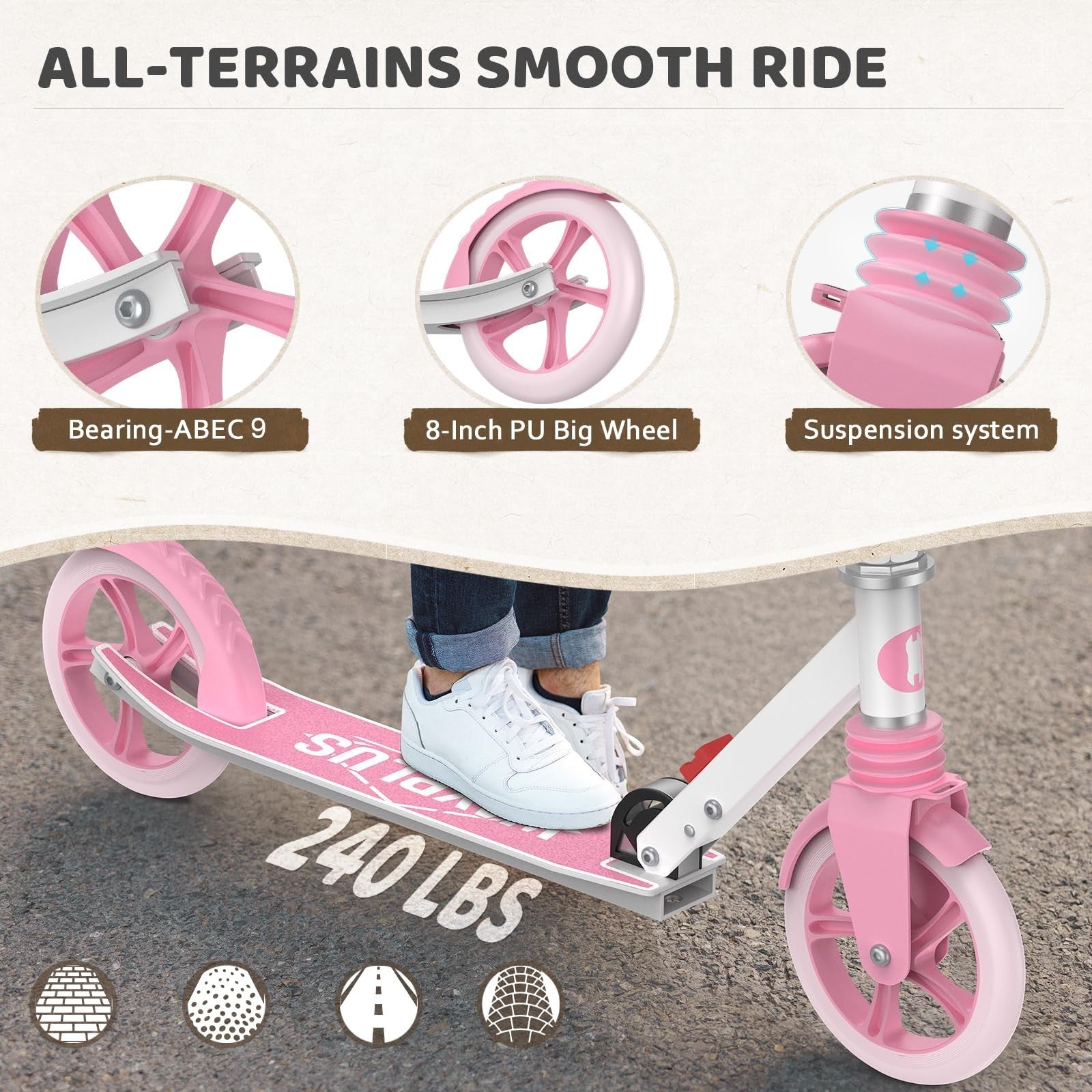 Kick Scooter for Ages 6+, Teens & Adults - 8" Big Wheels, 240lb Weight Capacity3