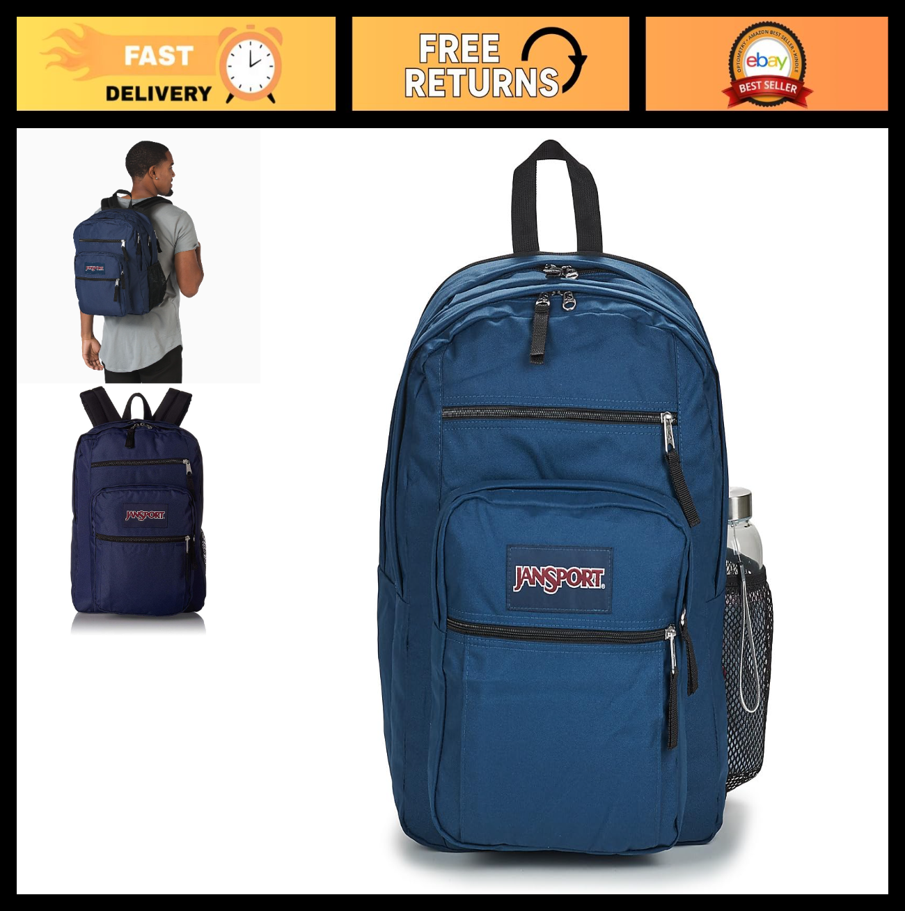 Big Student Backpack Navy   Durable, Spacious, Comfortable for School & Travel0