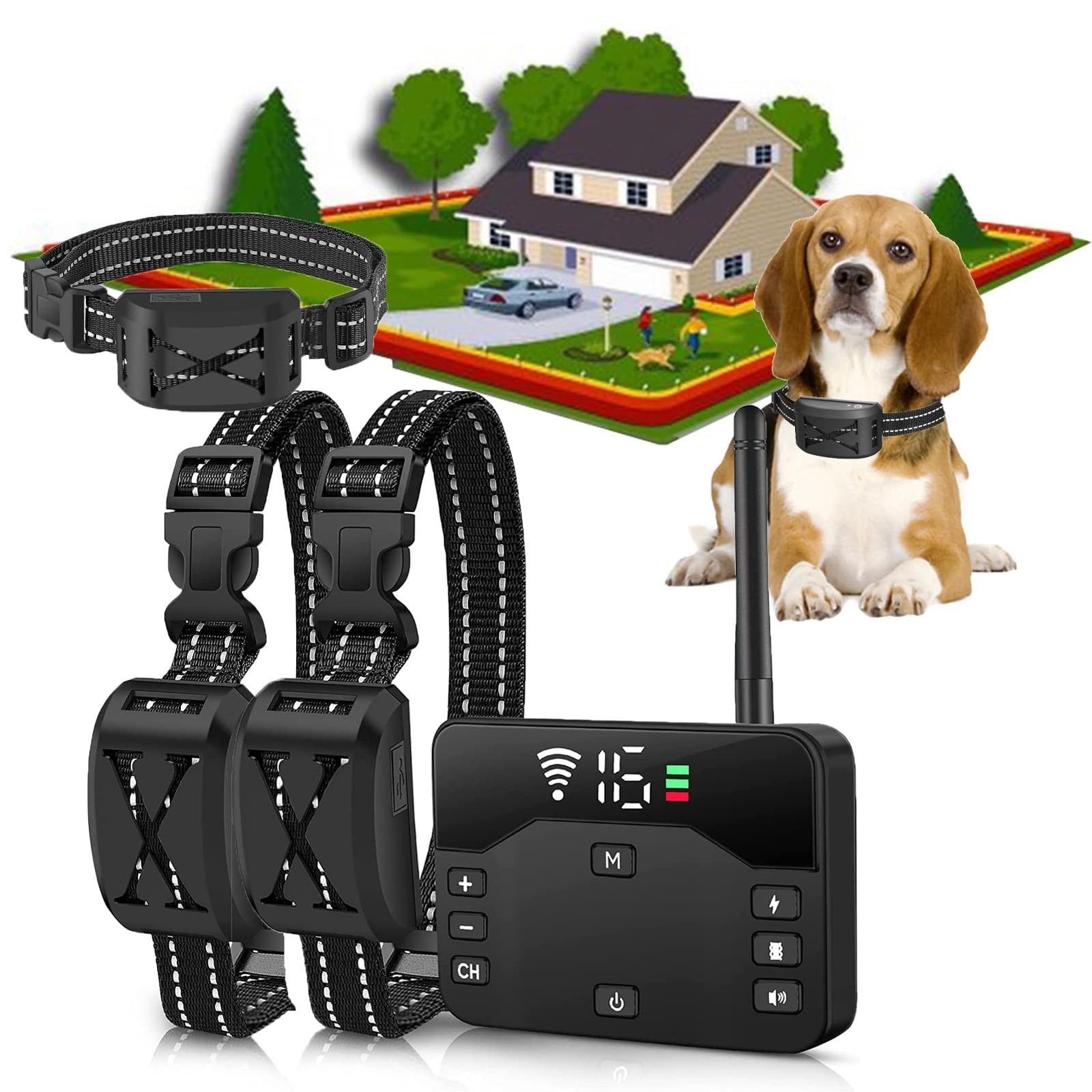 2-in-1 Wireless Dog Fence & Training Collar, Waterproof, Adjustable Vibration &1