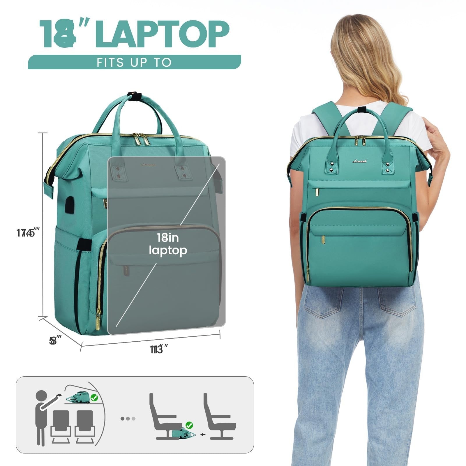 Stylish 18" Laptop Backpack for Women, Waterproof Travel Bag with USB Port, Mint4