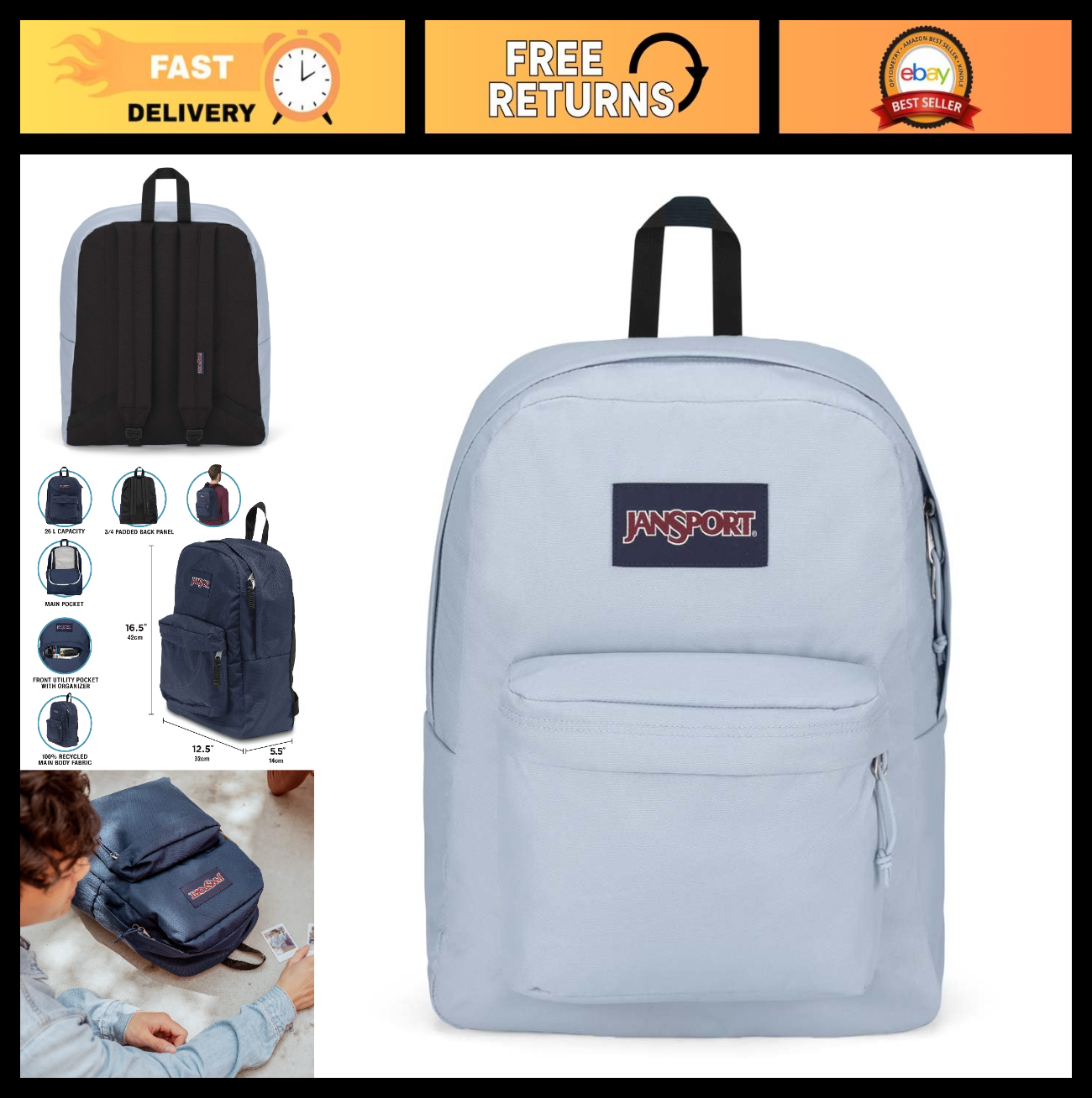 Durable Lightweight Backpack   1 Main Compartment, Front Utility Pocket   Blue D0