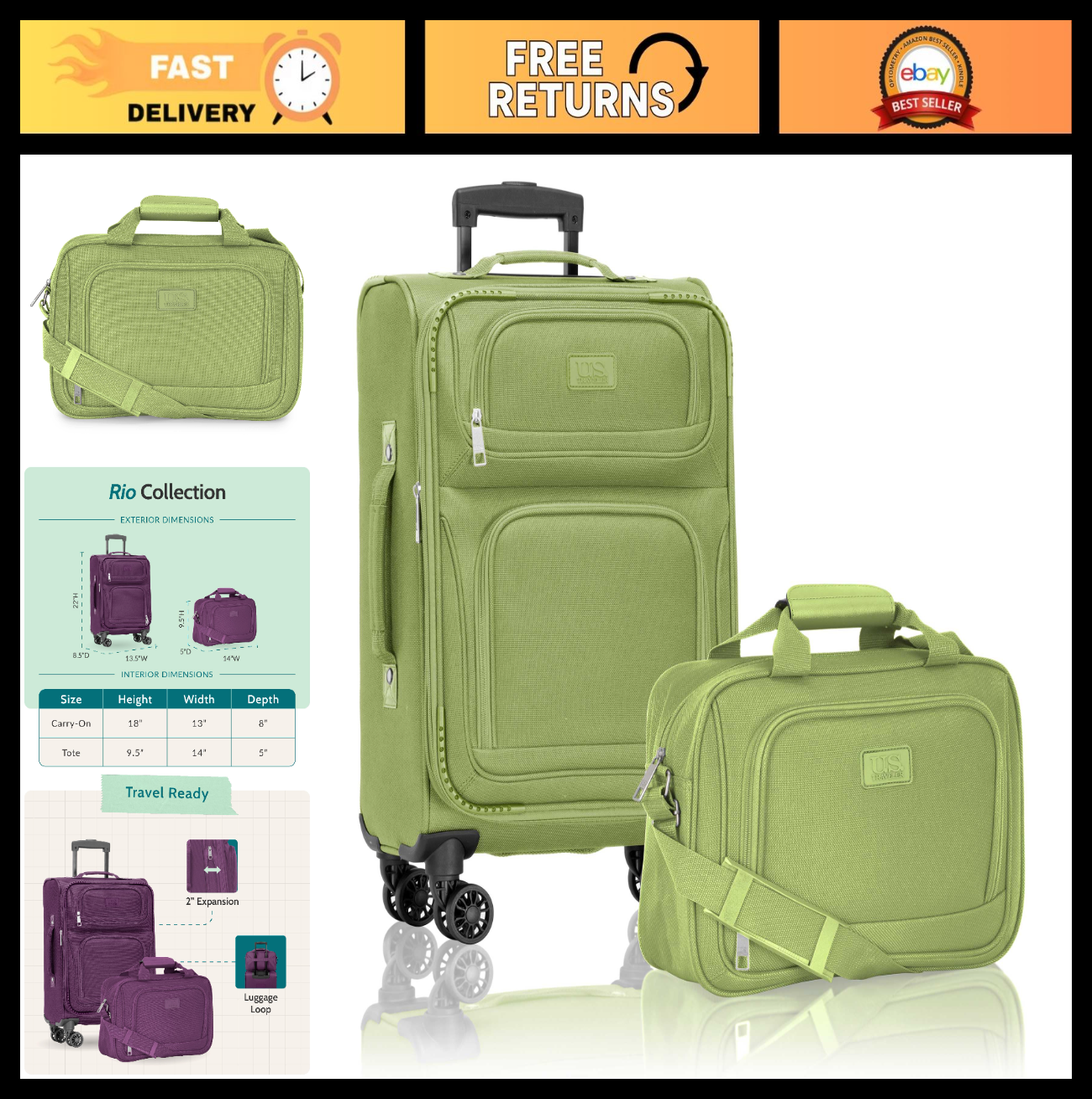 Lightweight Softside Rolling Carry-On Suitcase, 4-Wheel Travel Luggage, Green0
