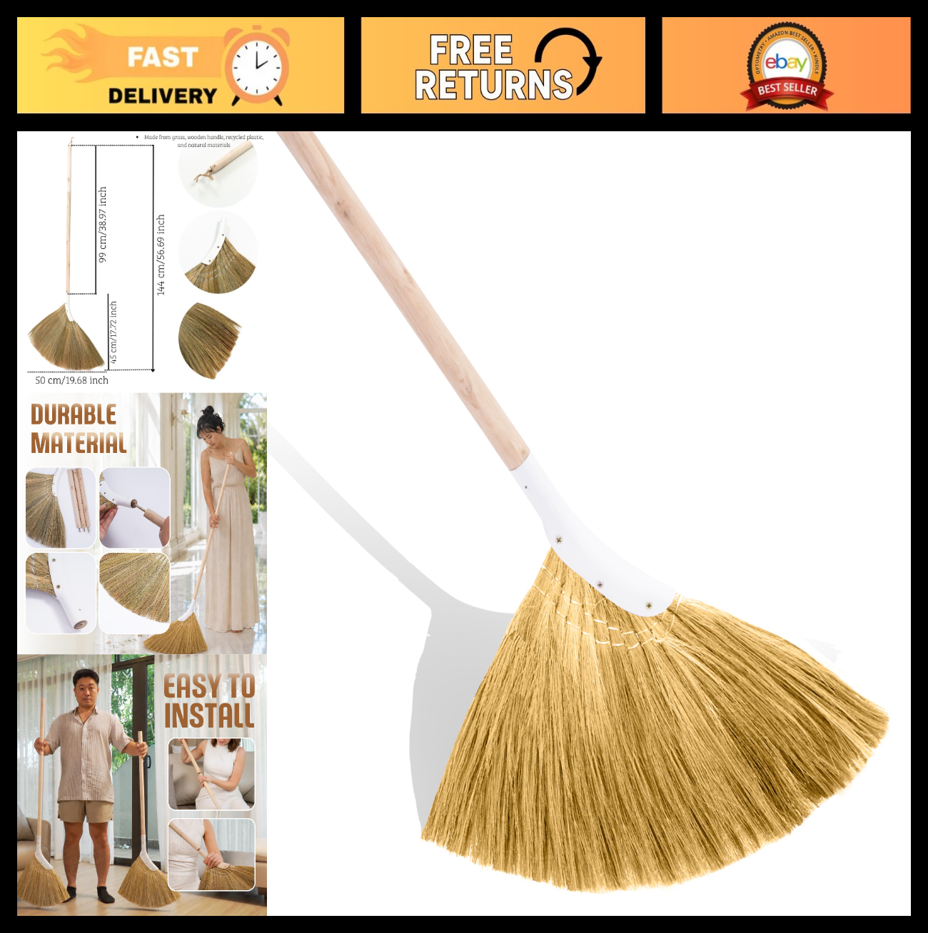 Natural Indoor Grass Broom - Long Handle Broom for Home, Garage, Office & Kitche0