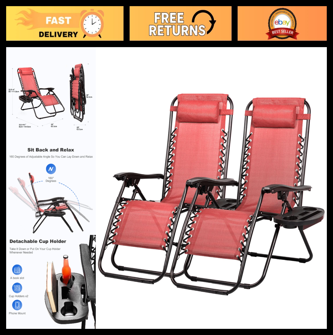 Set of 2 Adjustable Zero Gravity Lounge Chairs   Steel Mesh Patio Recliners with0