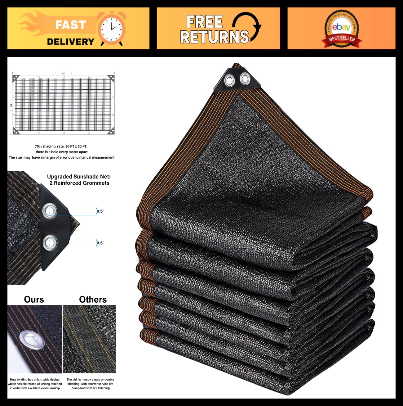 70% Black Shade Cloth 30x50 FT - Garden Mesh Tarp for Greenhouse, Patio, Plants0