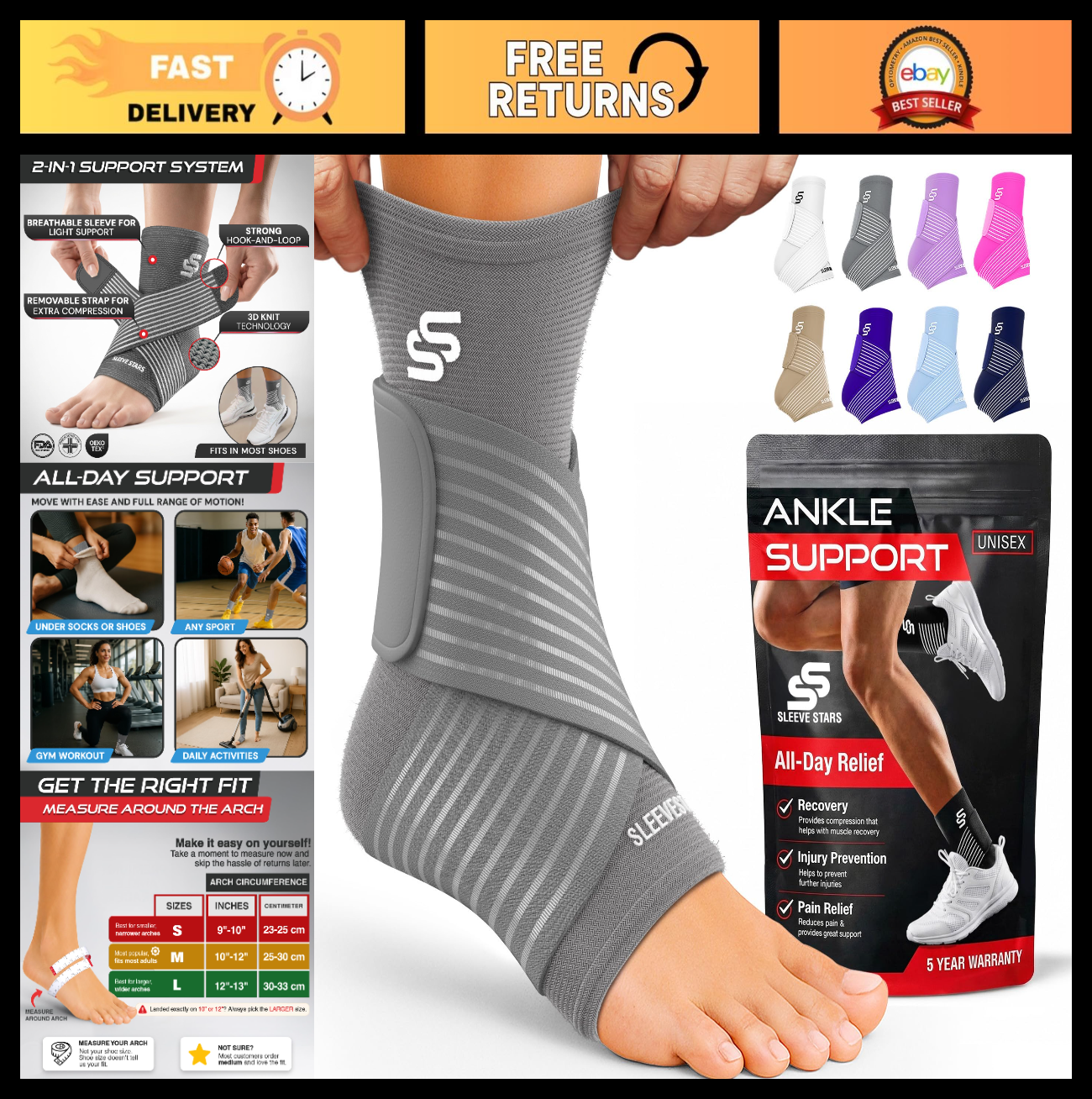 Ankle Brace Compression Sleeve for Sprains & Plantar Fasciitis Relief   Adjustab0