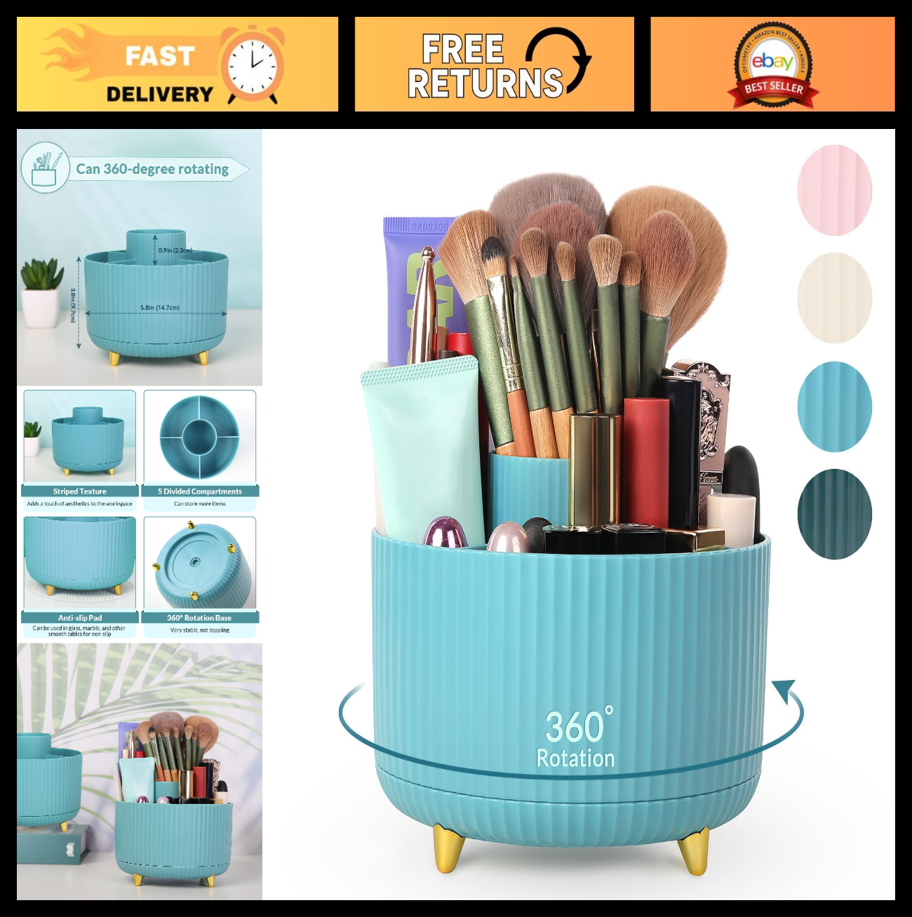 Rotating Makeup & Pencil Organizer   Dual Purpose Desk Holder with 5 Slots, Idea0