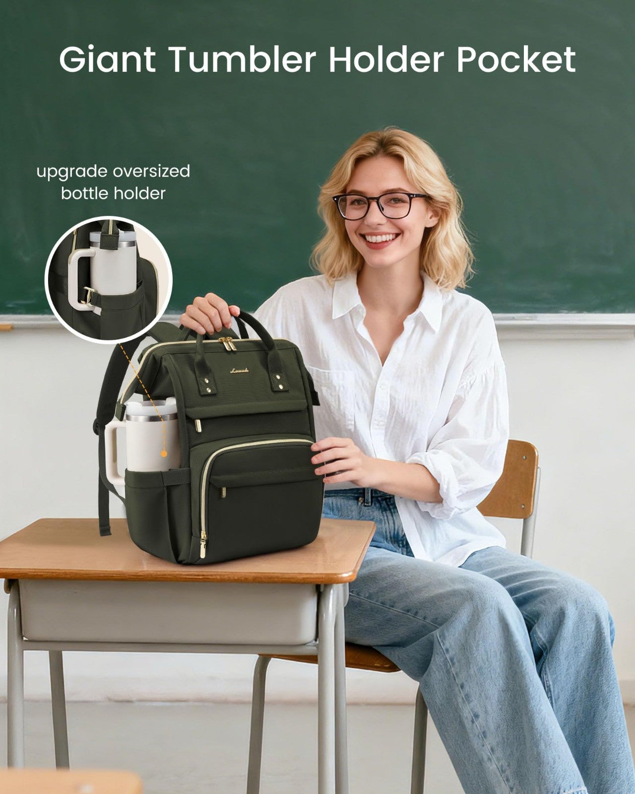 Stylish Waterproof Laptop Backpack for Women, 15.6" with Tumbler Holder, Olive G2