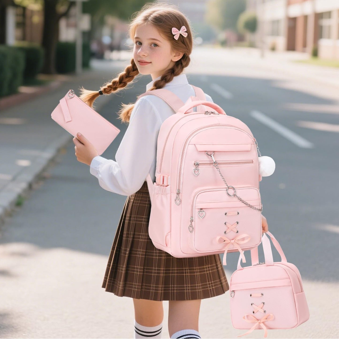 Girls Backpack Set with Lunch Box & Pencil Case   Stylish School Bag for Kids1